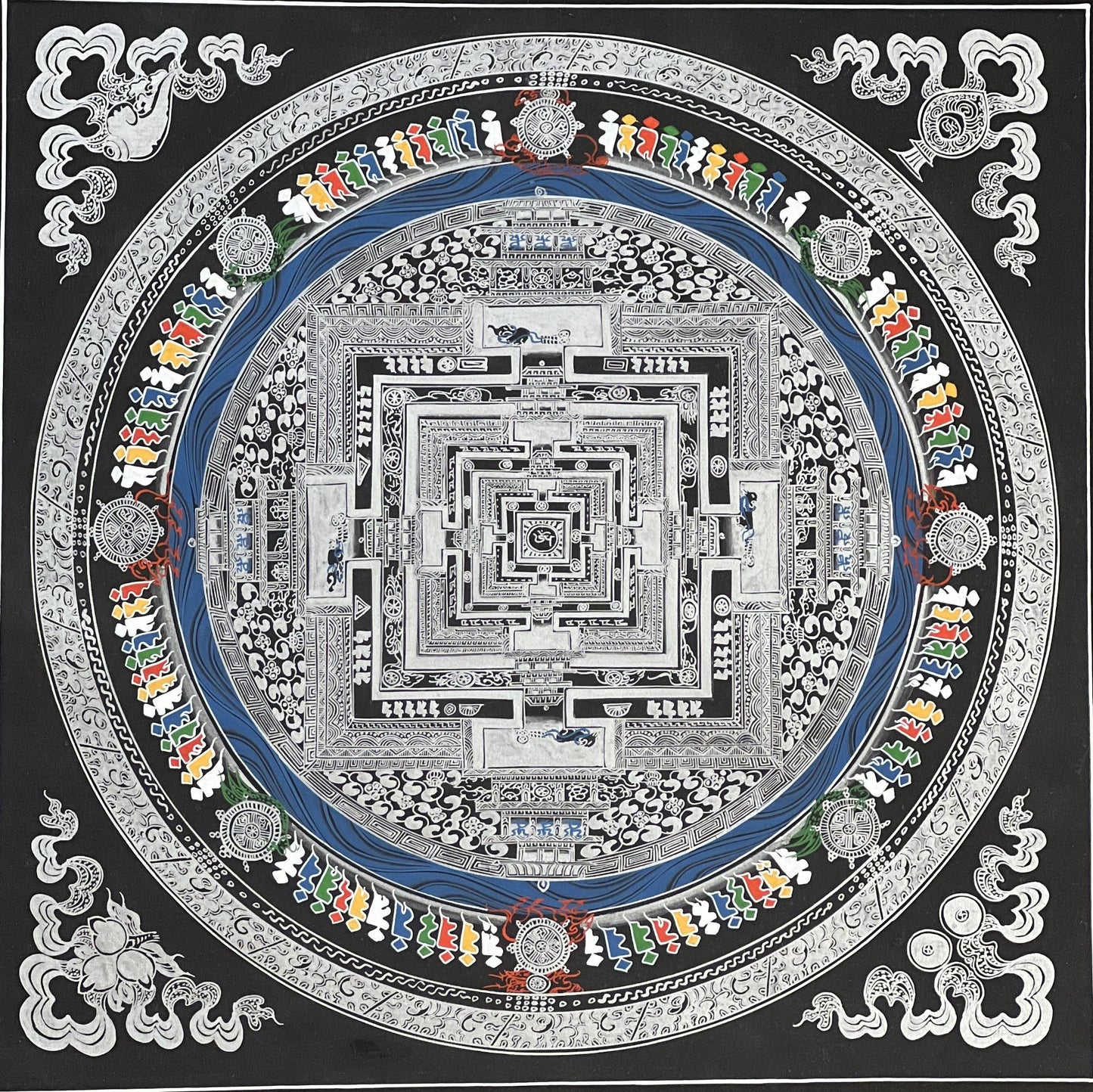 Wheel of Life/ Kalachakra Mandala Original Masterpiece Black and Silver Original Tibetan Thangka Painting /Wall Hanging