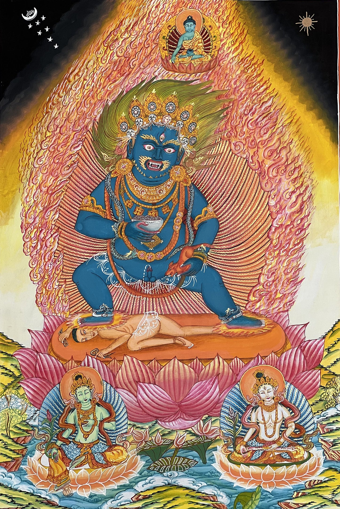 Black Jambhala/ Zambala/Kubera God of Wealth Masterpiece Newai Paubha/ Pauva Tibetan Thangka Painting Original Art /Hand painting from Nepal