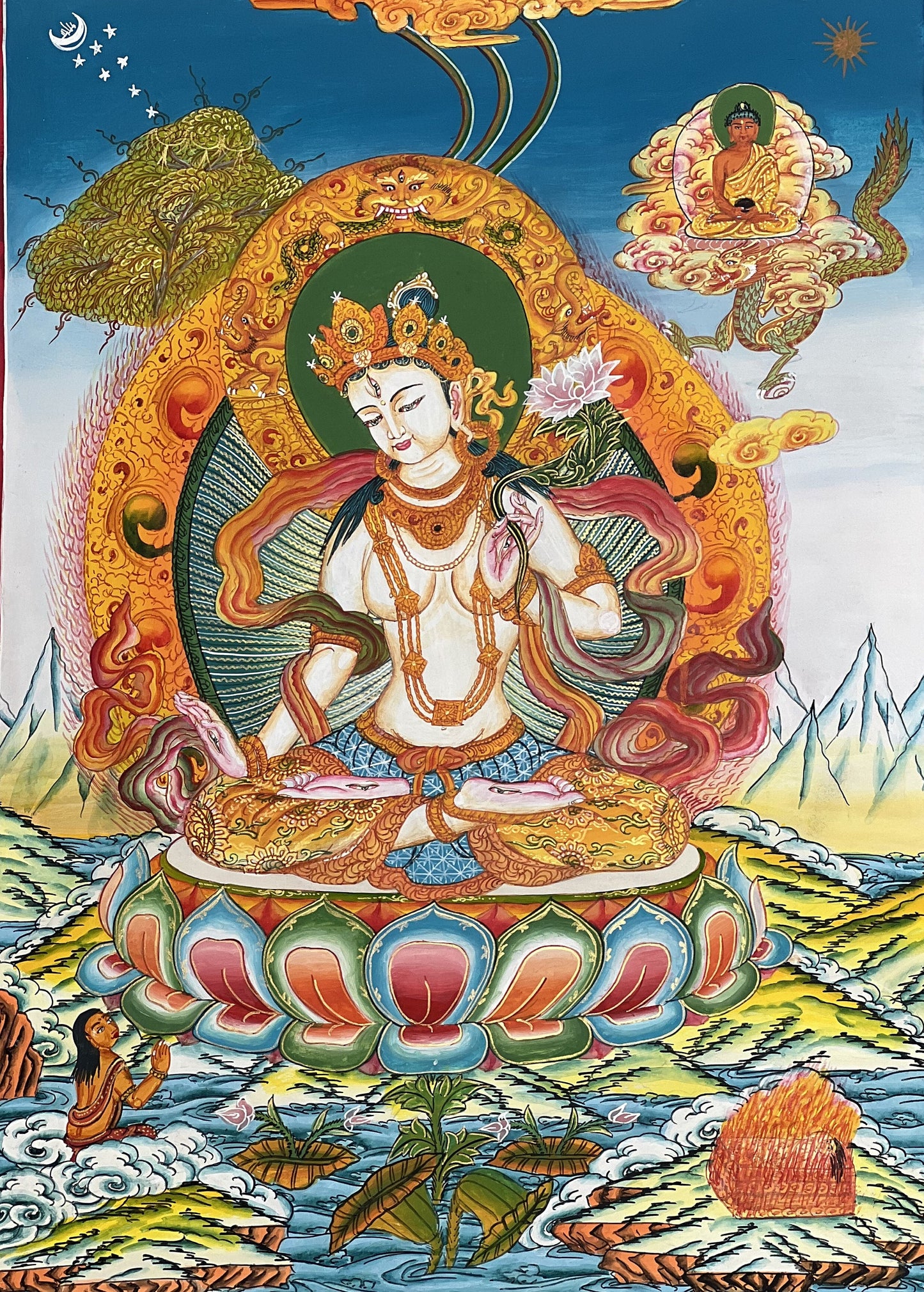 White Tara/ Mother Tara Compassion Goddess Masterpiece Newari Paubha/Pauva Thangka  Painting Original Art