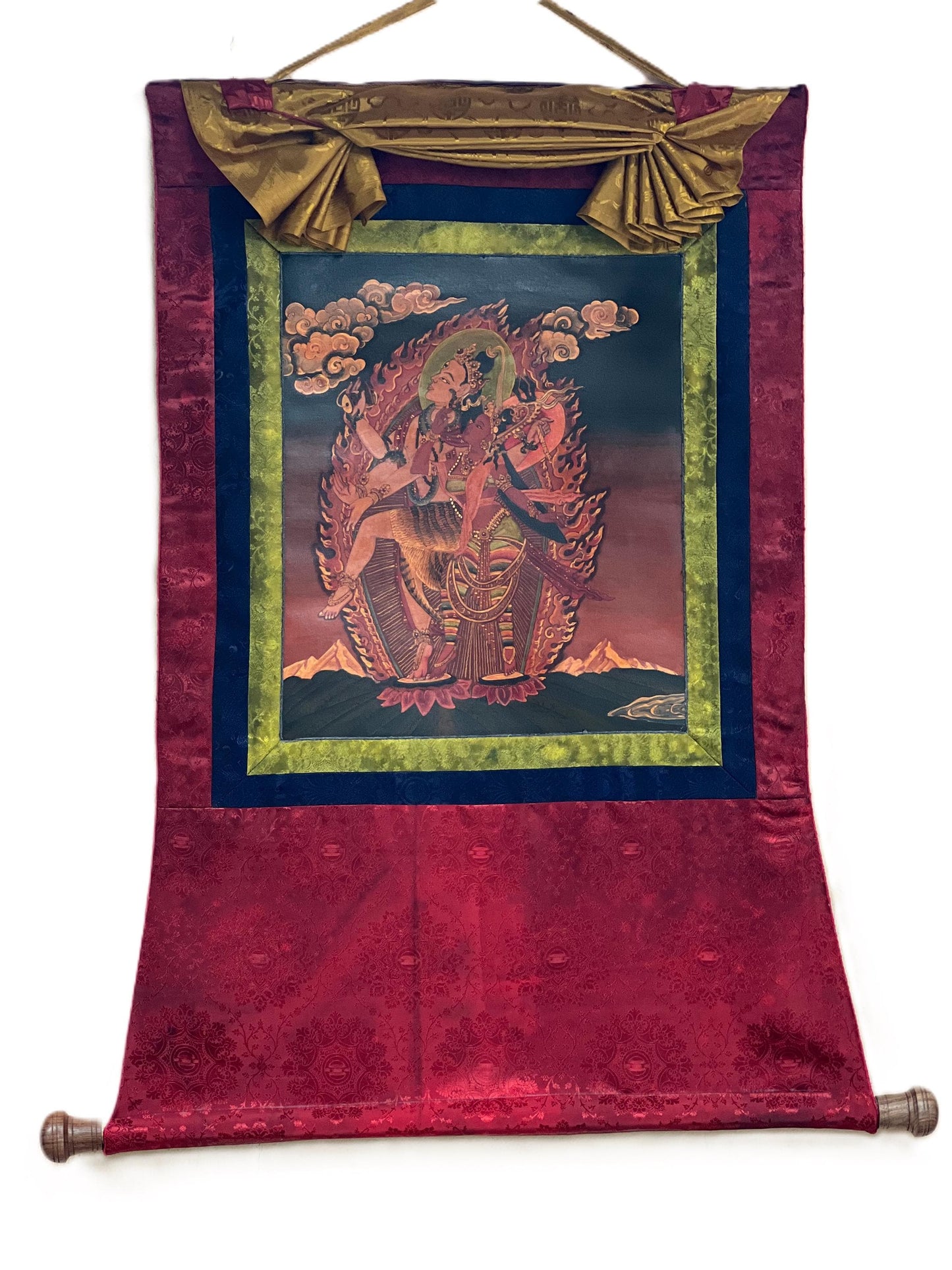 Lord Shiva/ Mahadeva/Shankar with Parbati Newari Paubha/ Old Oil Varnished Thangka Painting, Original Masterpiece Art  with Silk Brocade