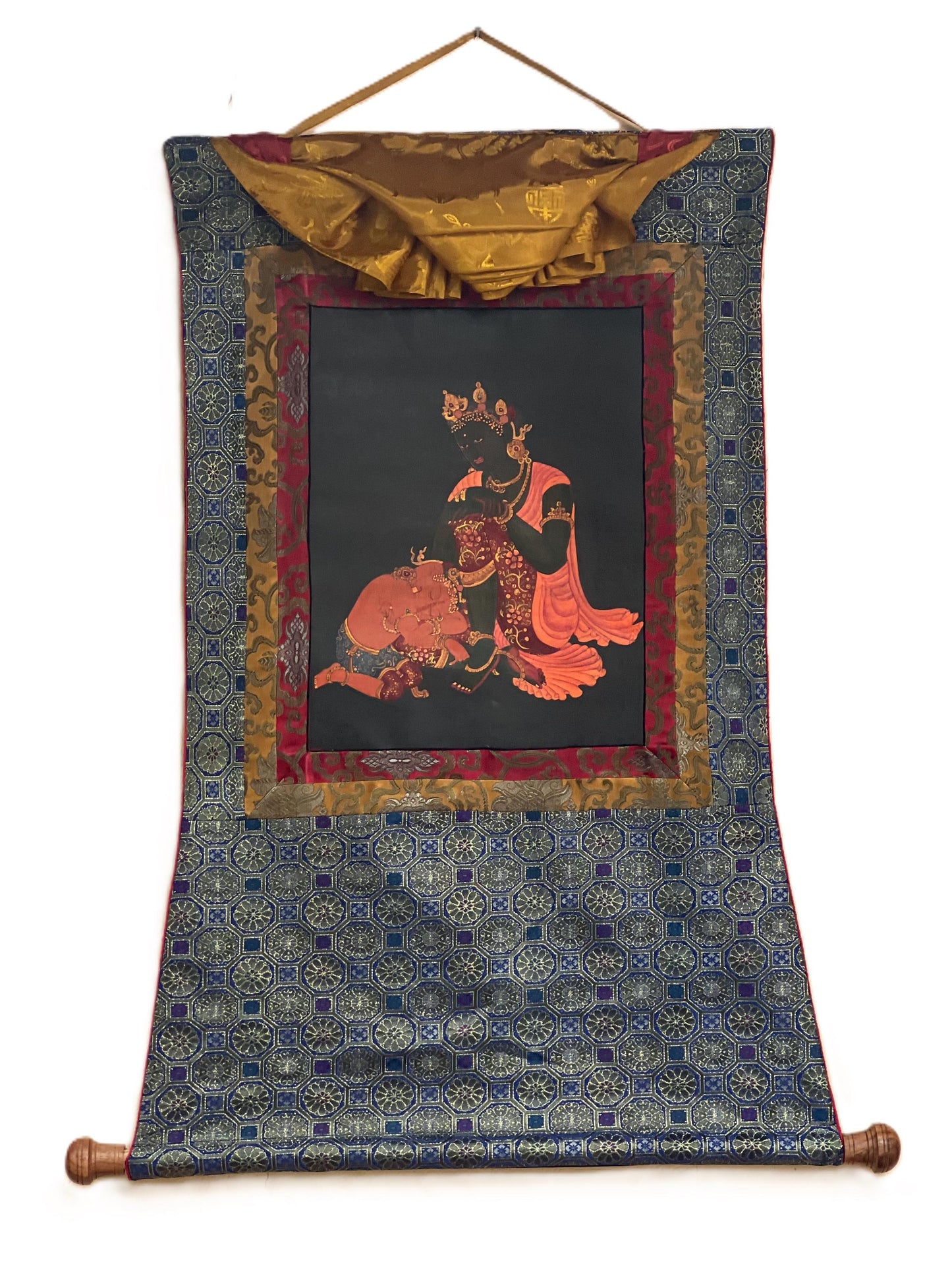 Mother Parvati with Ganesha Original Masterpiece Old Oil Varnished Newari Paubha/ Thangka Painting Hindu Buddhist Art with Silk Brocade