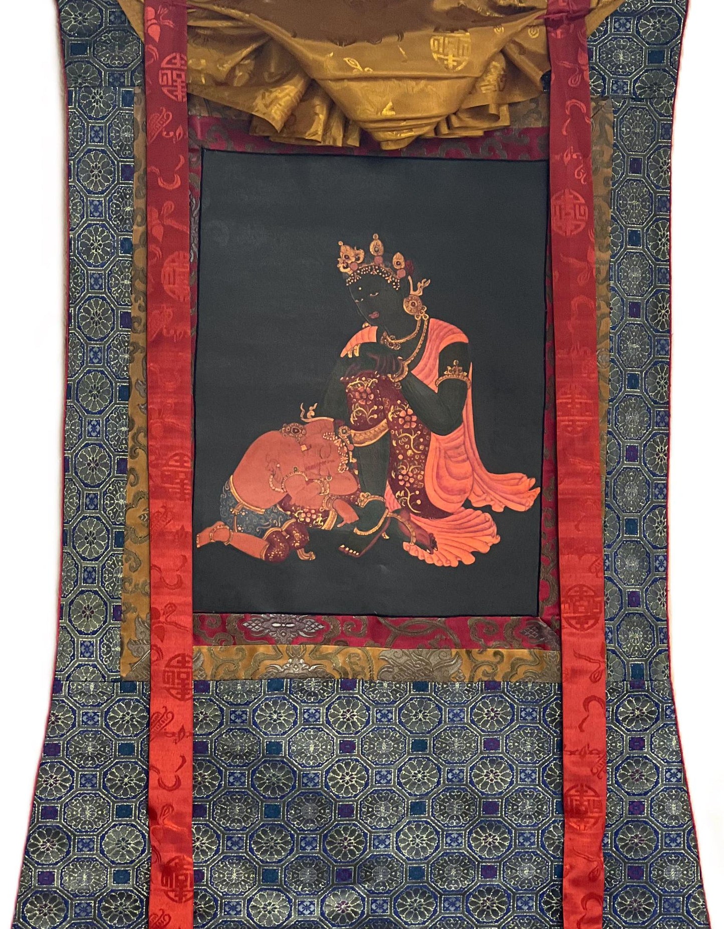 Mother Parvati with Ganesha Original Masterpiece Old Oil Varnished Newari Paubha/ Thangka Painting Hindu Buddhist Art with Silk Brocade