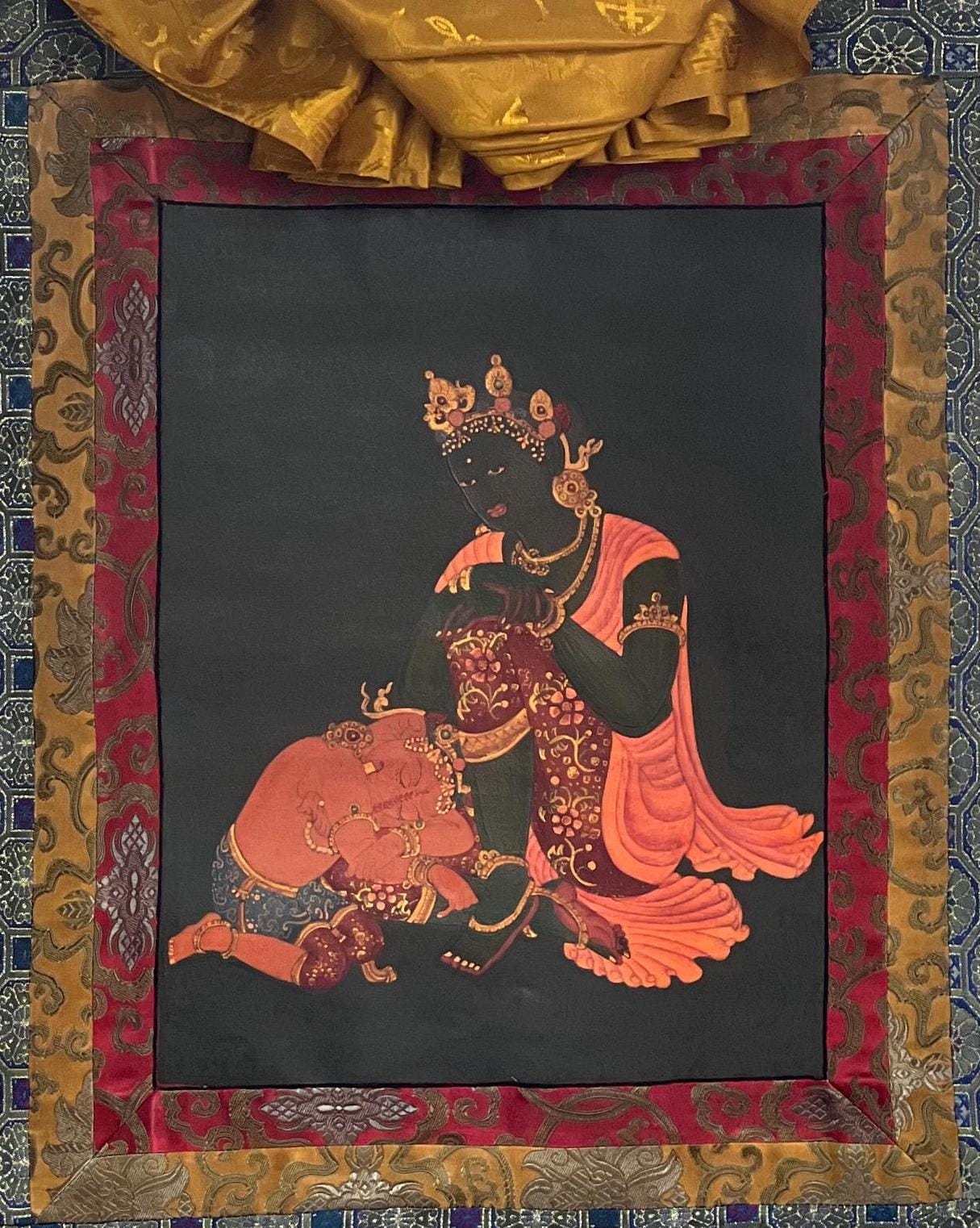 Mother Parvati with Ganesha Original Masterpiece Old Oil Varnished Newari Paubha/ Thangka Painting Hindu Buddhist Art with Silk Brocade