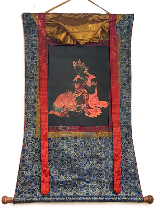 Mother Parvati with Ganesha Original Masterpiece Old Oil Varnished Newari Paubha/ Thangka Painting Hindu Buddhist Art with Silk Brocade