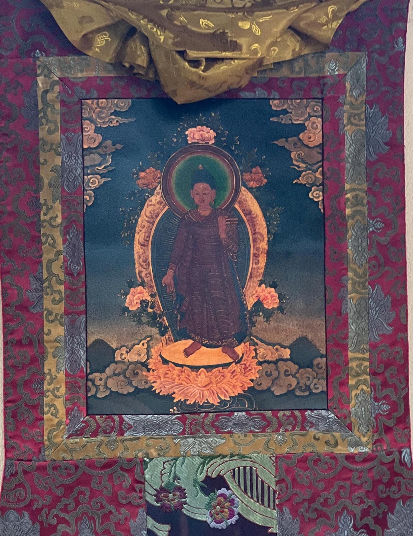 Original Hand Painted Adi Buddha Dipankar/ Dipankara  Old Oil Varnished Newari Paubha/ Thangka Painting, Original Art with Silk Brocade