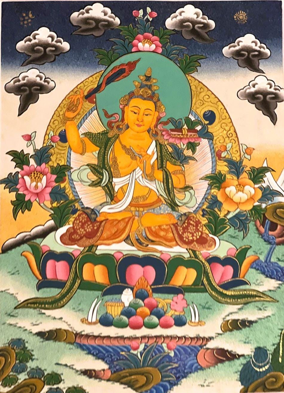 Manjushri/Manjusri/ Manjushree Bodhisattva Tibetan Thangka Painting, Original Hand-painted  Art with High-Quality Silk Brocade