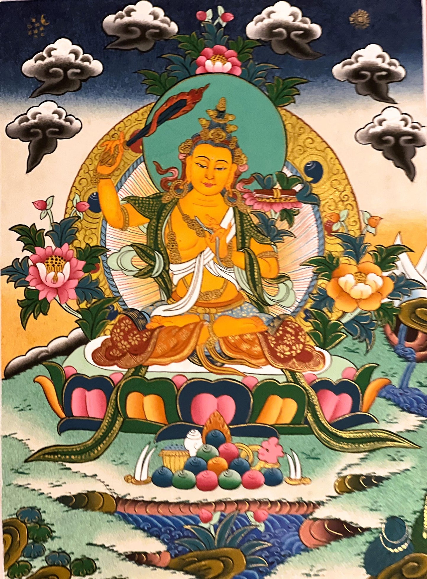 Manjushri/Manjusri/ Manjushree Bodhisattva Tibetan Thangka Painting, Original Hand-painted  Art with High-Quality Silk Brocade