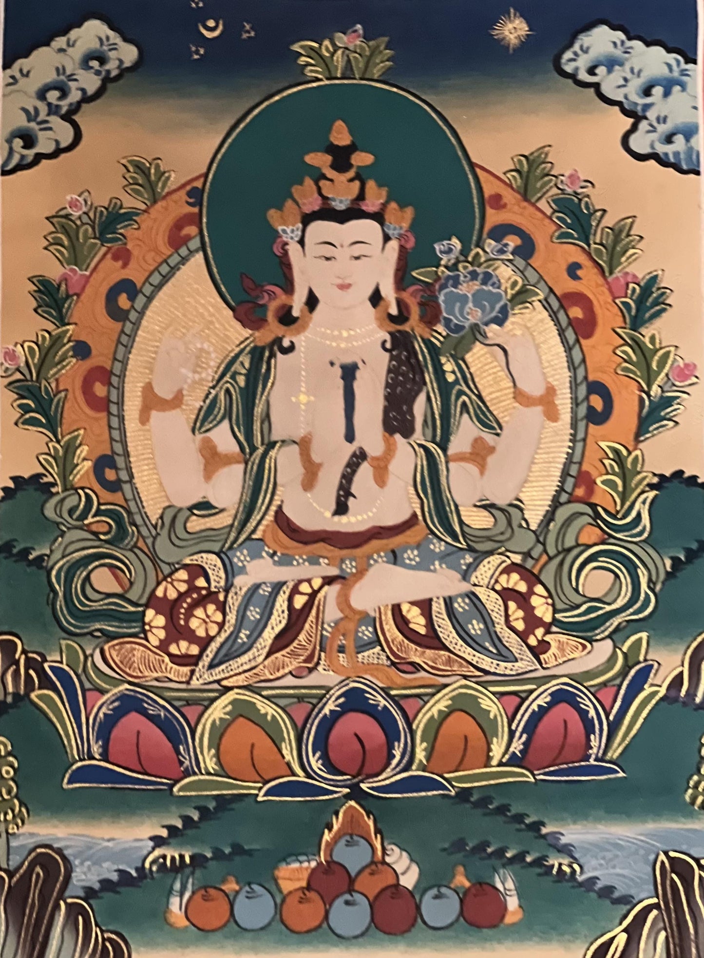 Four Armed Avalokiteshvara/ Lokeswor/ Chyangresi/ Chenrezig Original Tibetan Thangka Painting with Silk Brocade