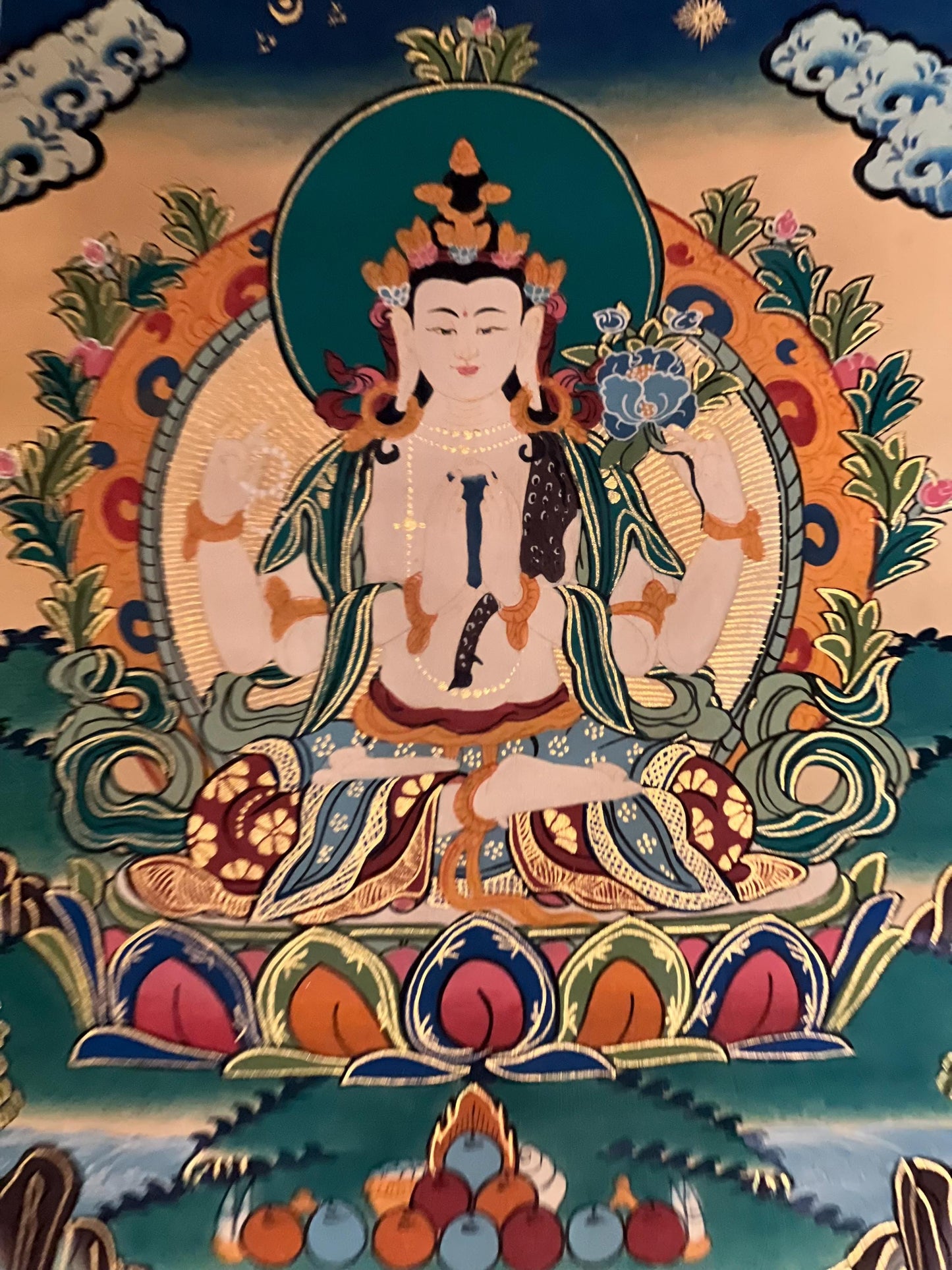 Four Armed Avalokiteshvara/ Lokeswor/ Chyangresi/ Chenrezig Original Tibetan Thangka Painting with Silk Brocade