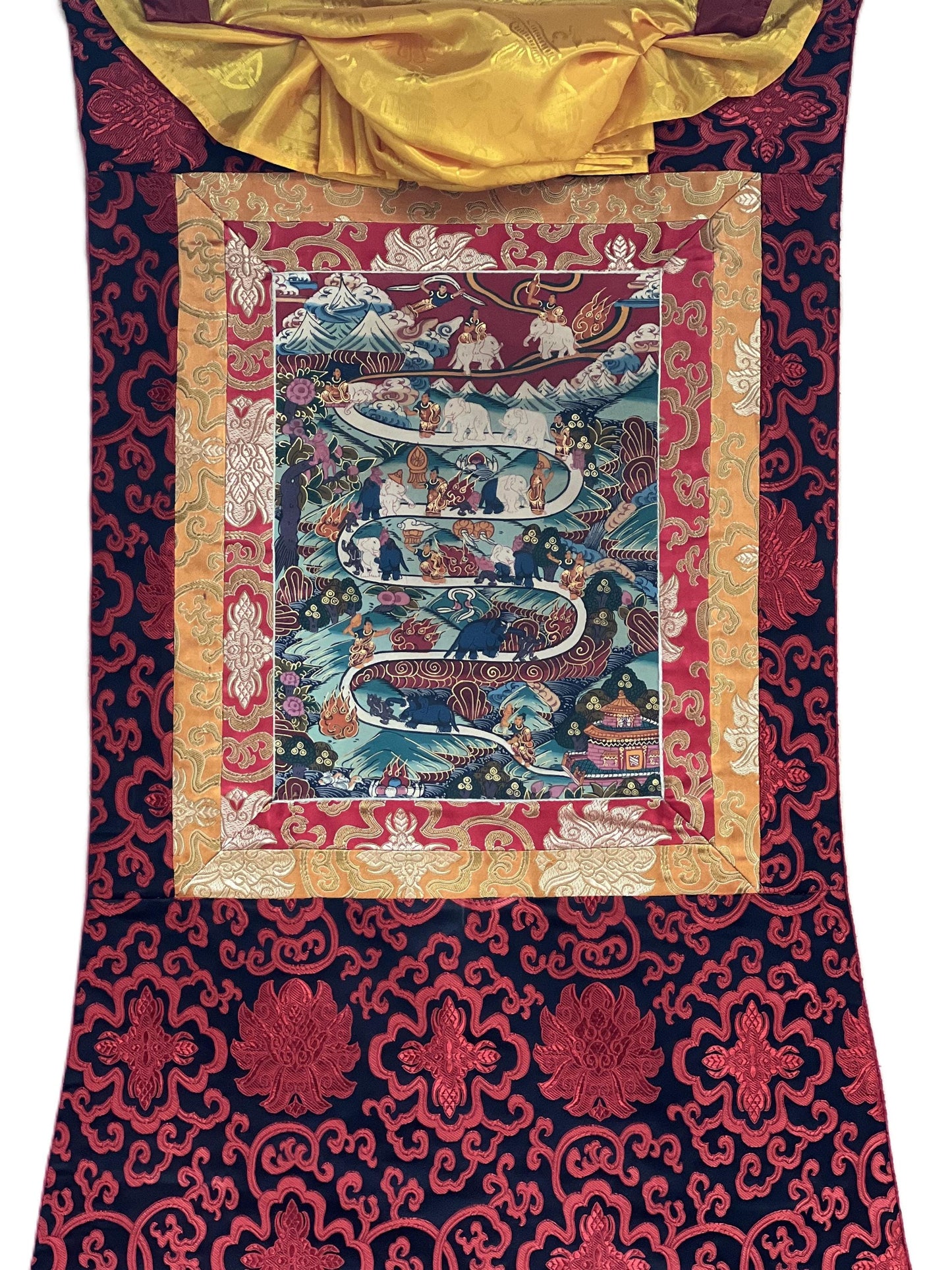 Elephant Path Samatha Meditation Way to Heaven/Nirvana Tibetan Thangka Painting Original Art with Silk Brocade