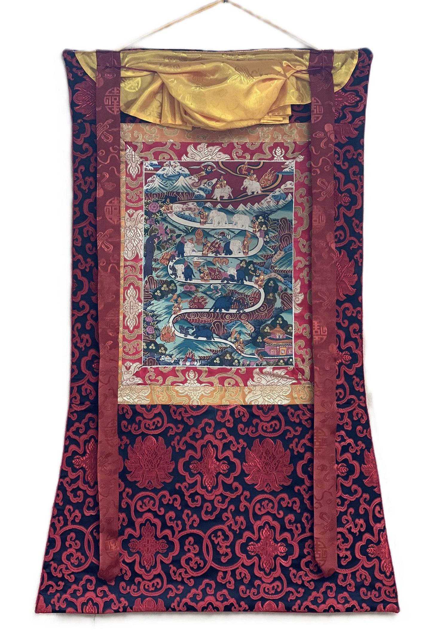 Elephant Path Samatha Meditation Way to Heaven/Nirvana Tibetan Thangka Painting Original Art with Silk Brocade