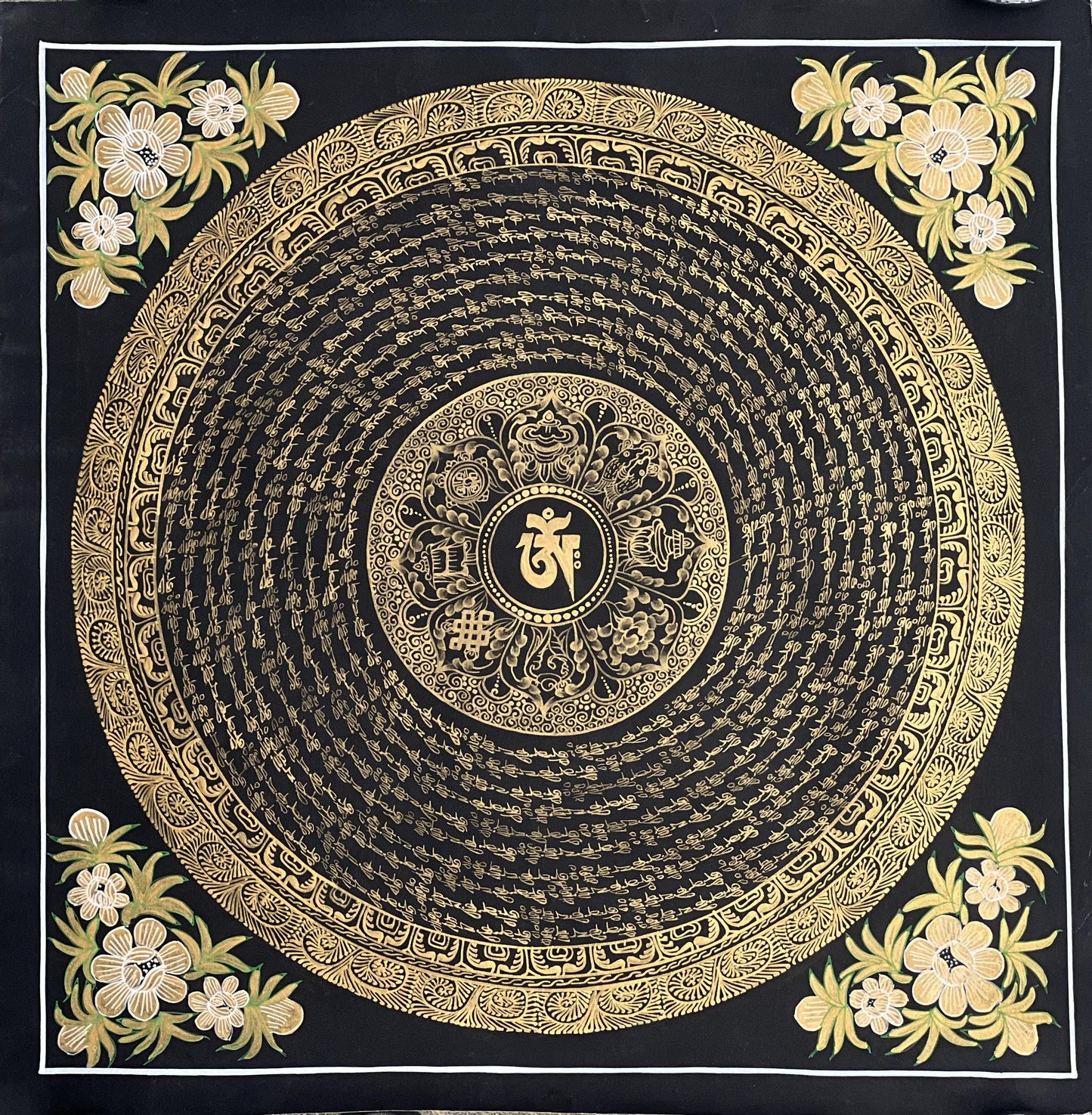 Sacred Om/ Om Mani Padme Hum Mantra Mandala Wheel of Life  Black and Gold Original Tibetan Thangka Painting /Meditation Art/Wall Hanging