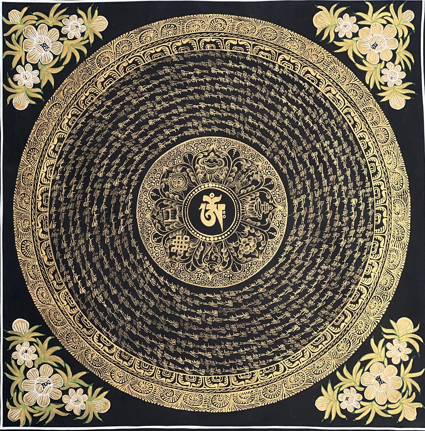 Sacred Om/ Om Mani Padme Hum Mantra Mandala Wheel of Life  Black and Gold Original Tibetan Thangka Painting /Meditation Art/Wall Hanging