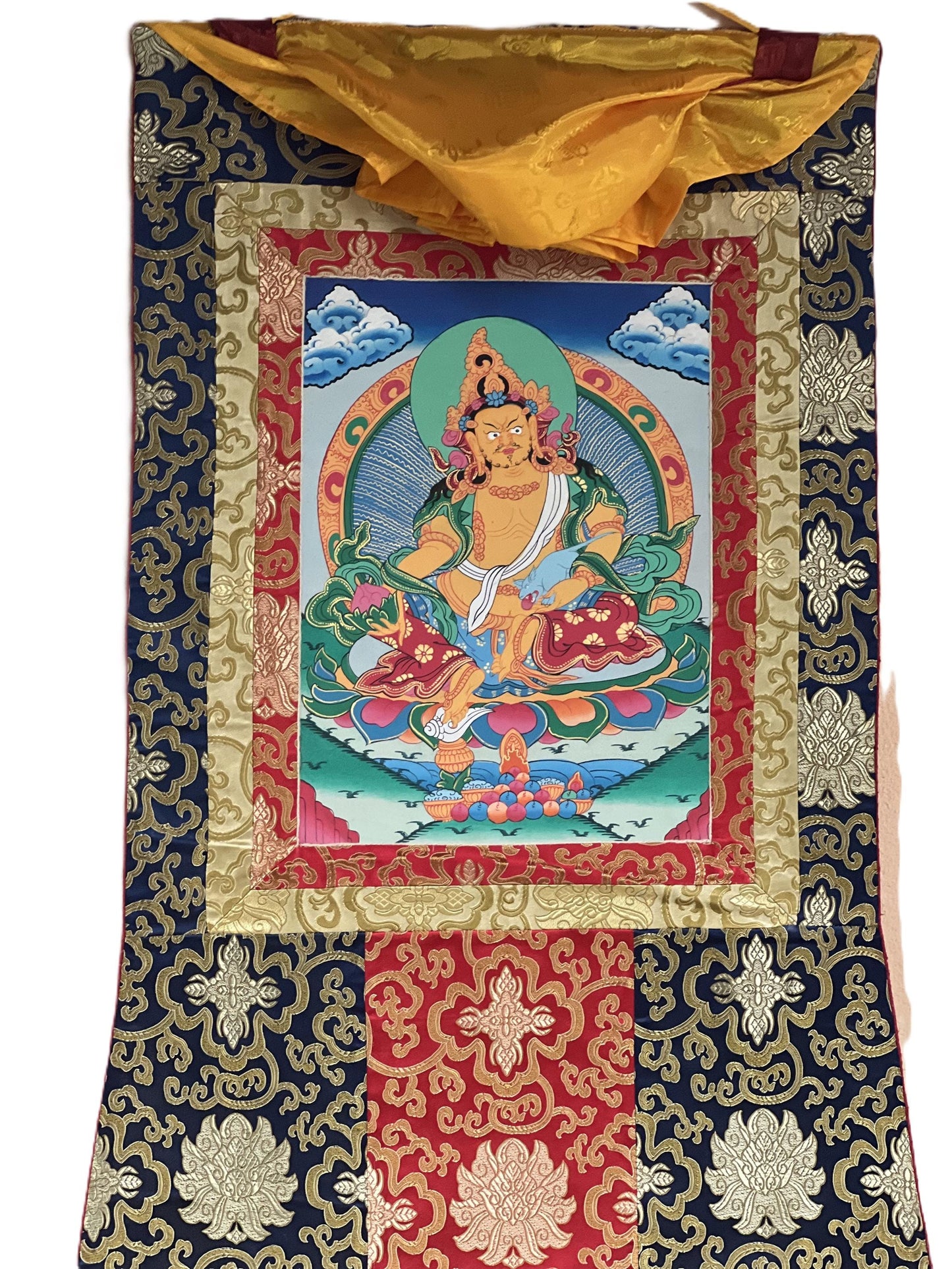 Jambala/ Jambhala/ Dzambala/ Zambala/ Kuber God of Wealth  Tibetan Thangka Painting/ Original Hand-painted Art  with Silk Frame