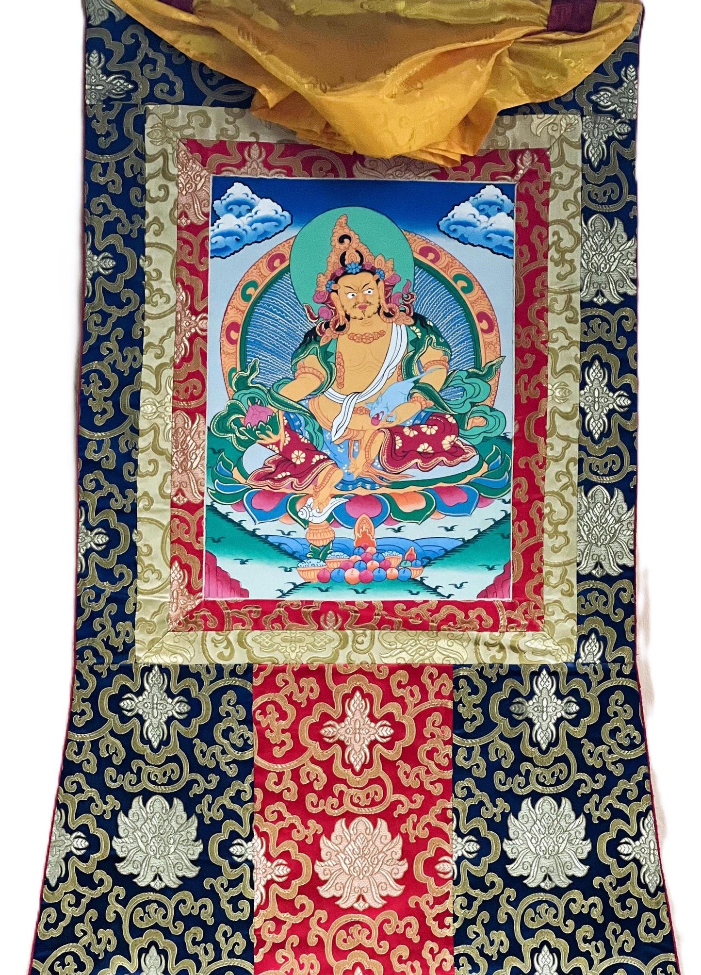 Jambala/ Jambhala/ Dzambala/ Zambala/ Kuber God of Wealth  Tibetan Thangka Painting/ Original Hand-painted Art  with Silk Frame