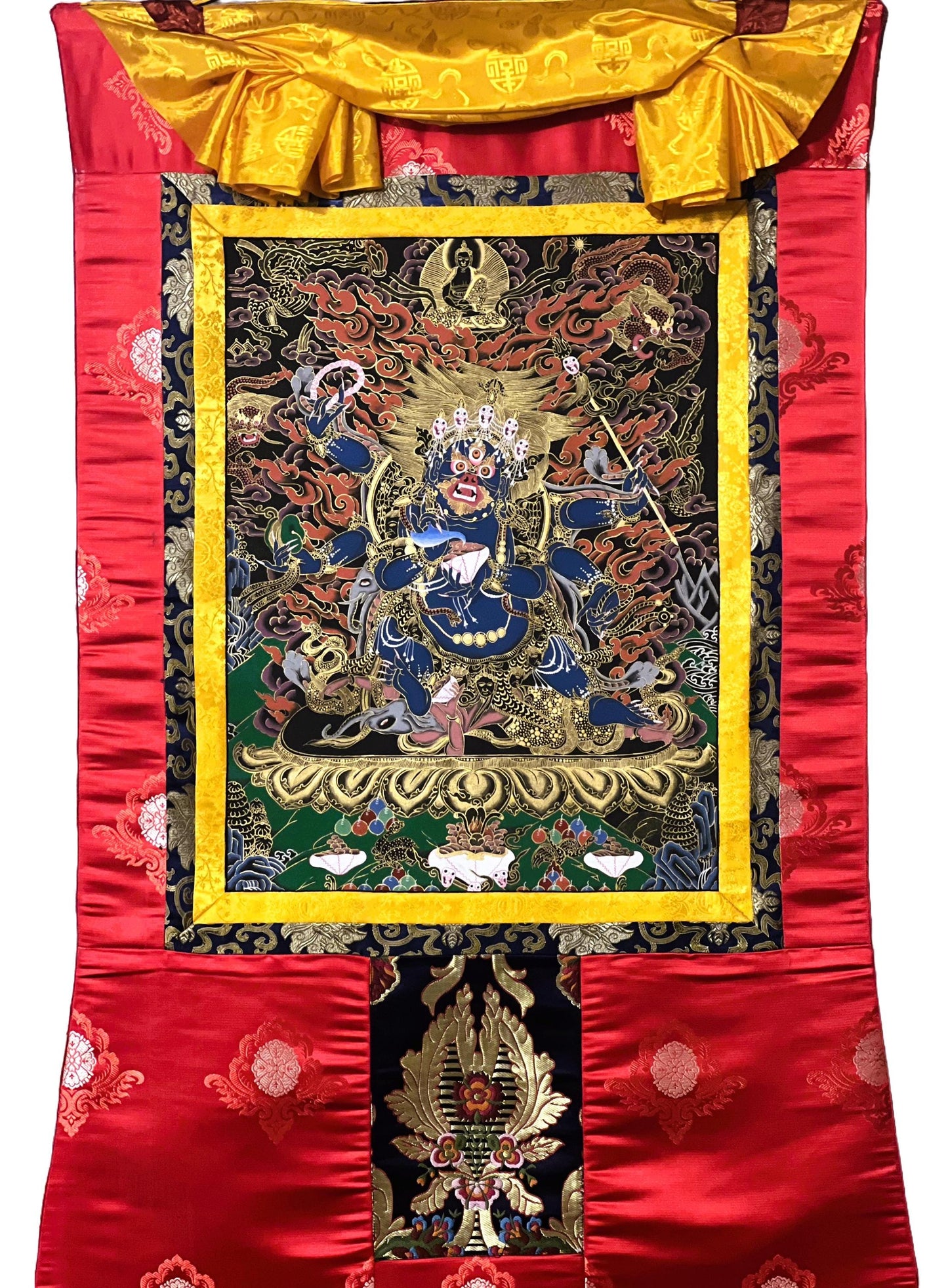 6-Armed Mahakala Kalabhairava Masterpiece Tibetan Thangka Painting, Original Art  Framed with High-Quality Silk