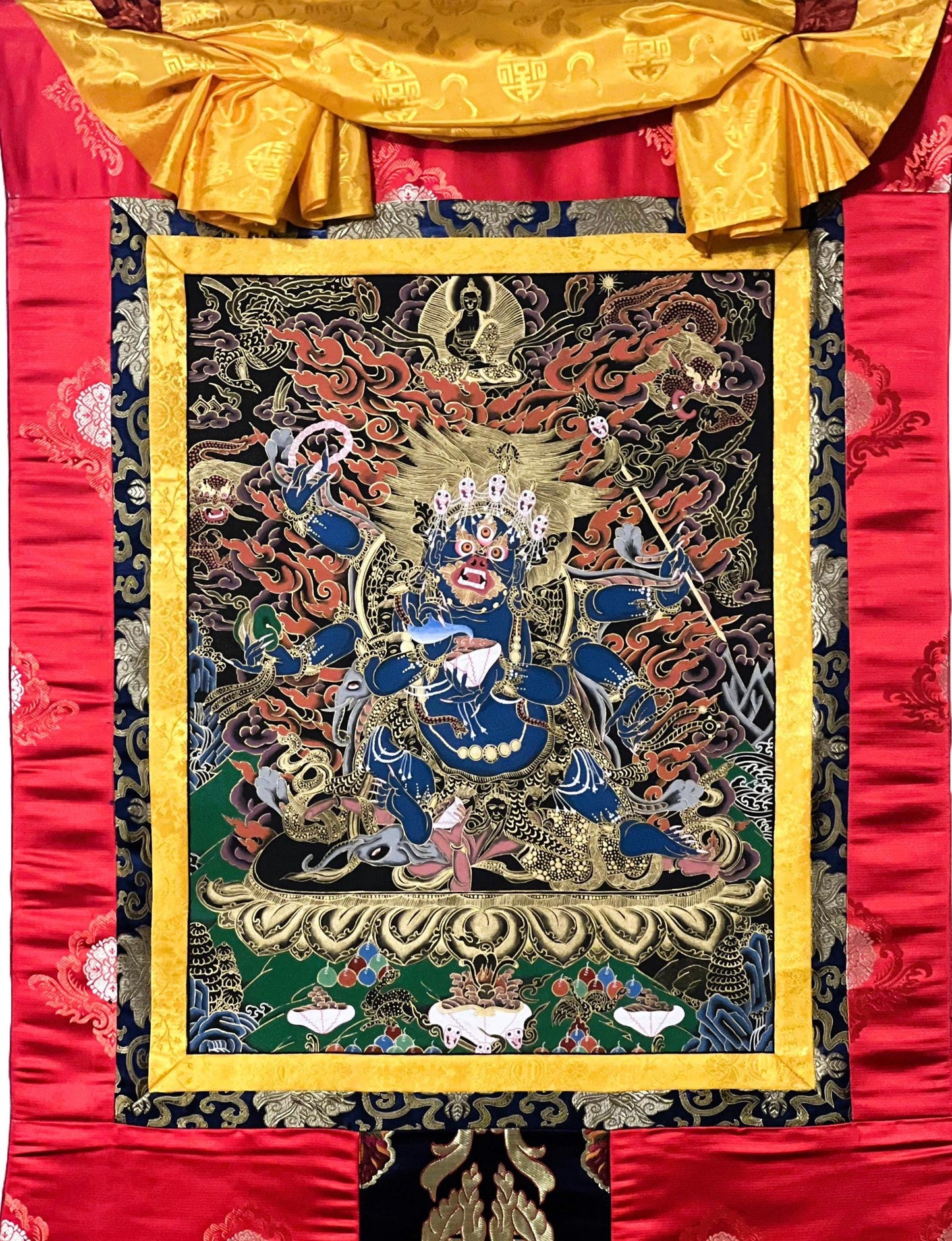 6-Armed Mahakala Kalabhairava Masterpiece Tibetan Thangka Painting, Original Art  Framed with High-Quality Silk