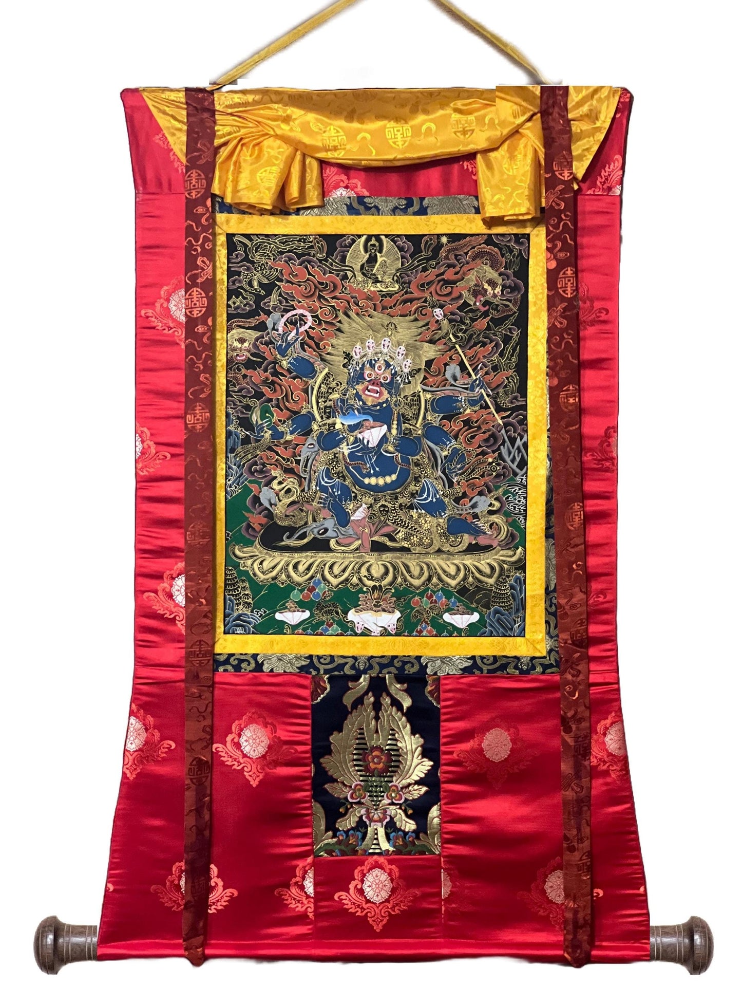 6-Armed Mahakala Kalabhairava Masterpiece Tibetan Thangka Painting, Original Art  Framed with High-Quality Silk