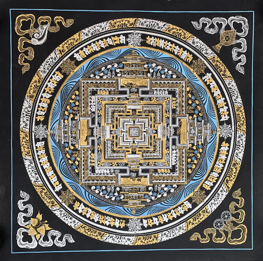 Hand Painted Wheel of Life/ Kalachakra Mandala Master Quality Blue and Gold Original Tibetan Thangka Painting /Wall Hanging