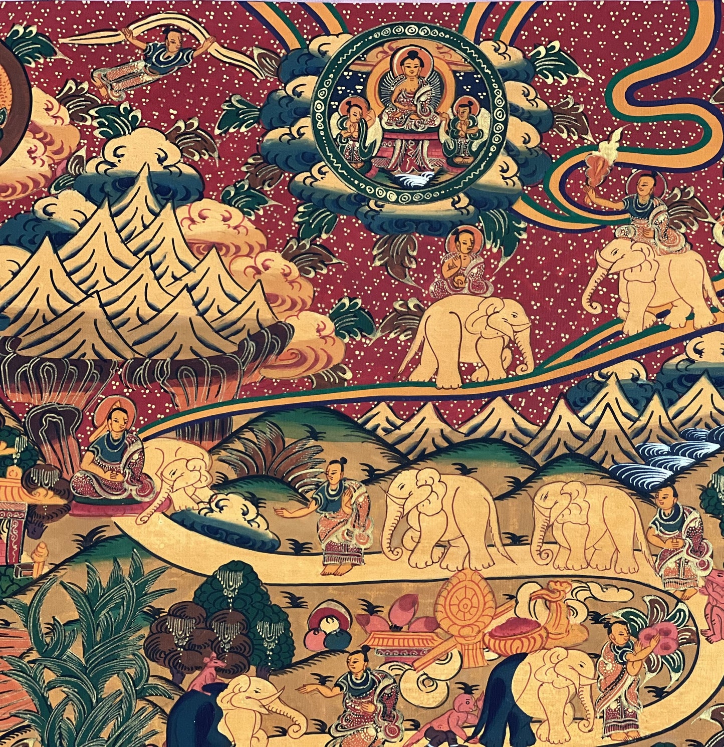 Samatha Meditation Elephant Path Way to Heaven/Nirvana Original Tibetan Thangka Painting Buddhist Meditation Art/ Wall Hanging from Nepal