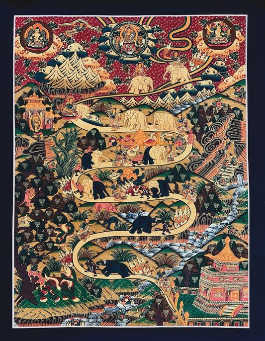 Samatha Meditation Elephant Path Way to Heaven/Nirvana Original Tibetan Thangka Painting Buddhist Meditation Art/ Wall Hanging from Nepal