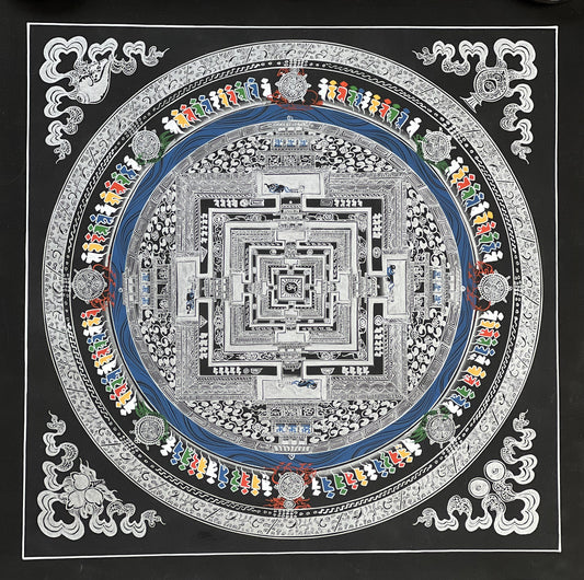 Wheel of Life/ Kalachakra Mandala Original Masterpiece Black and Silver Original Tibetan Thangka Painting /Wall Hanging