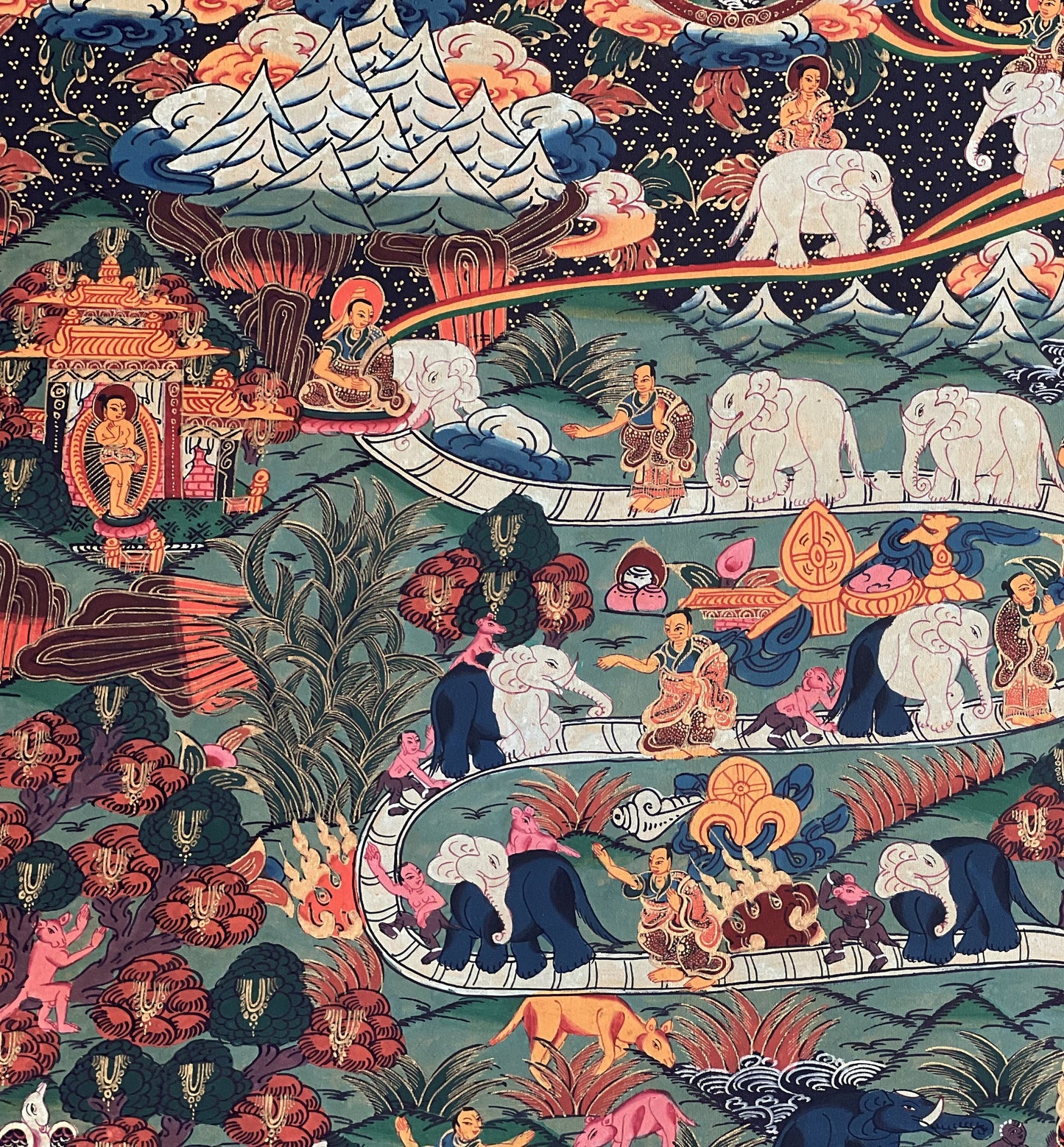 Samatha Meditation 9 Stage Elephant Path Meditation Way to Heaven Tibetan Thangka Painting Original Meditation Art/ Wall Hanging from Nepal