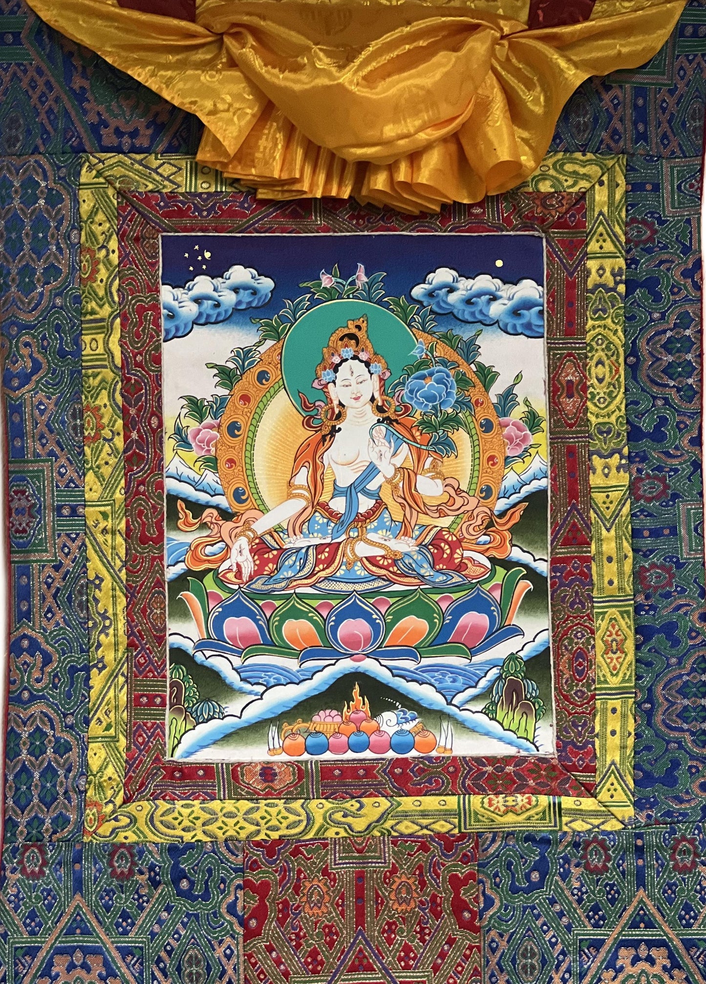 White Tara/ Sitatara/ Mother Goddess Hand Painted Original Masterpiece Tibetan Thangka Painting Meditation Art with High-quality Silk Border