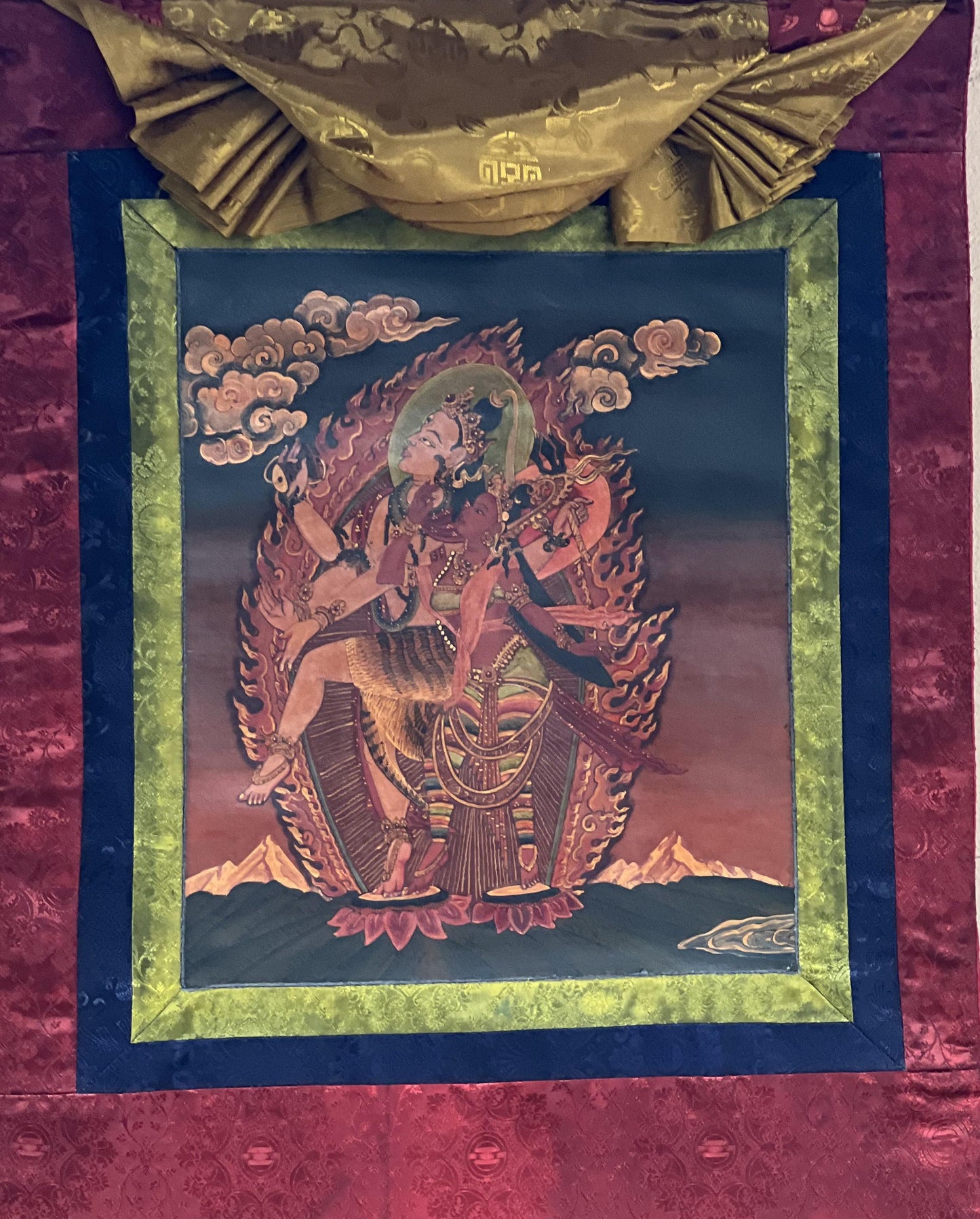 Lord Shiva/ Mahadeva/Shankar with Parbati Newari Paubha/ Old Oil Varnished Thangka Painting, Original Masterpiece Art  with Silk Brocade