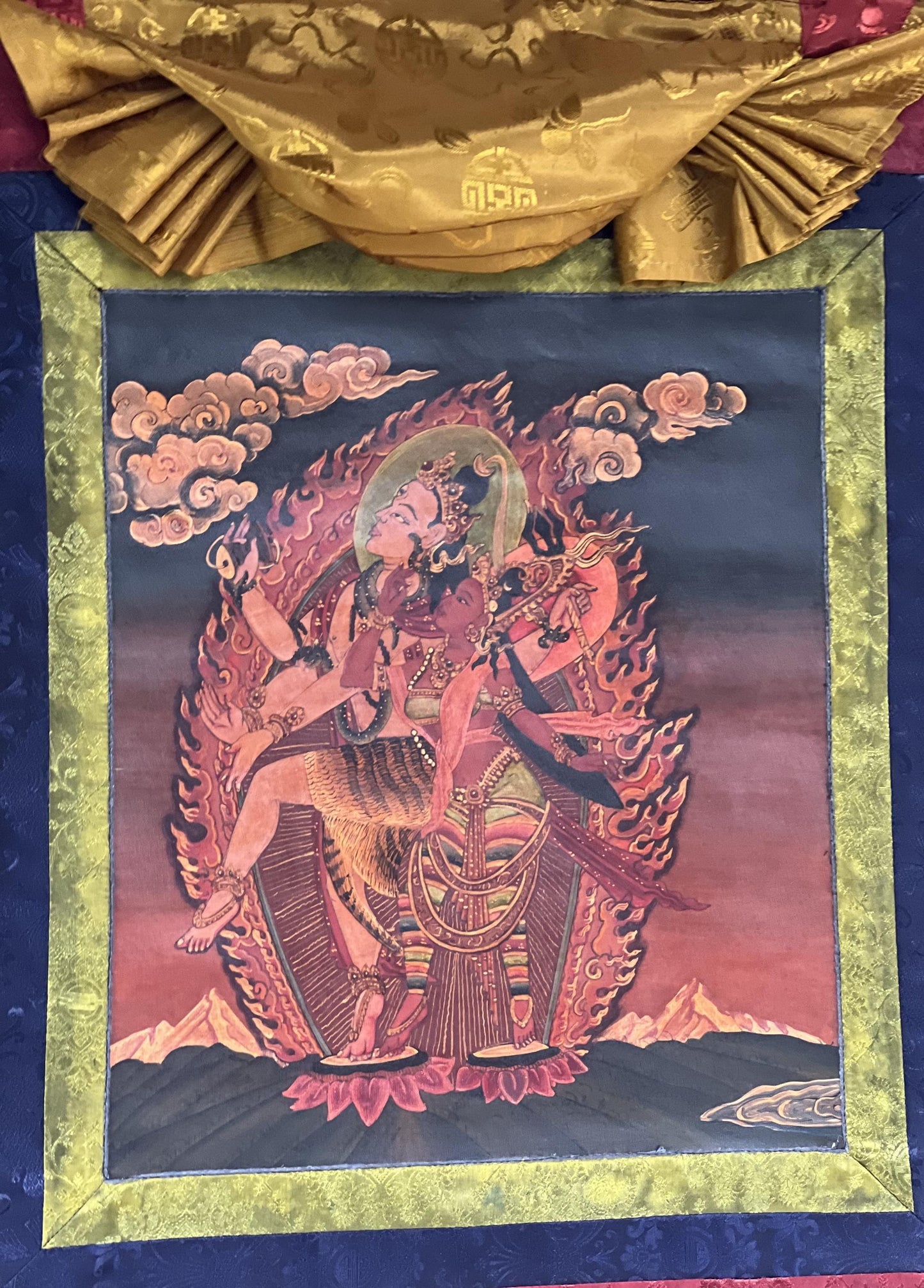 Lord Shiva/ Mahadeva/Shankar with Parbati Newari Paubha/ Old Oil Varnished Thangka Painting, Original Masterpiece Art  with Silk Brocade