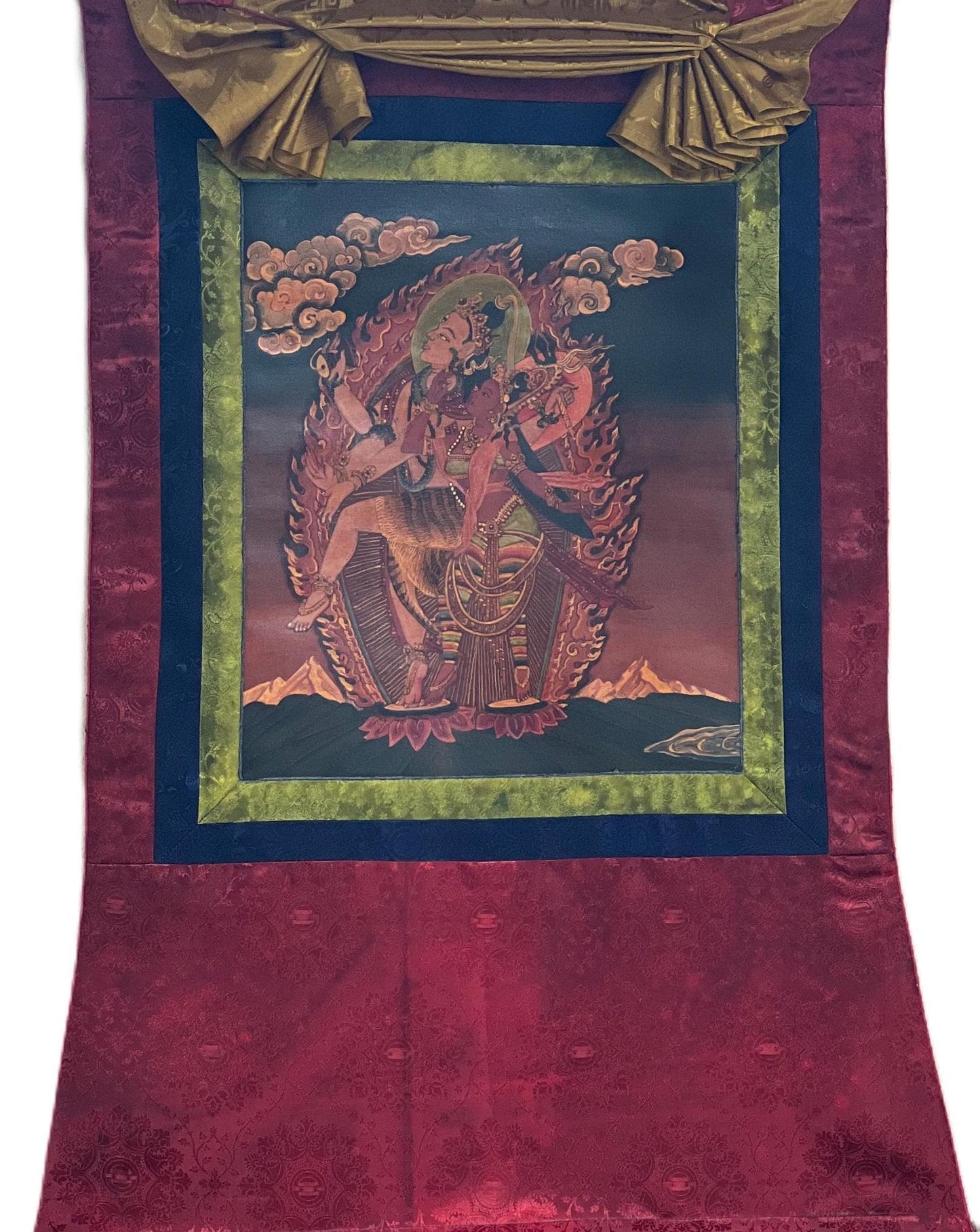 Lord Shiva/ Mahadeva/Shankar with Parbati Newari Paubha/ Old Oil Varnished Thangka Painting, Original Masterpiece Art  with Silk Brocade