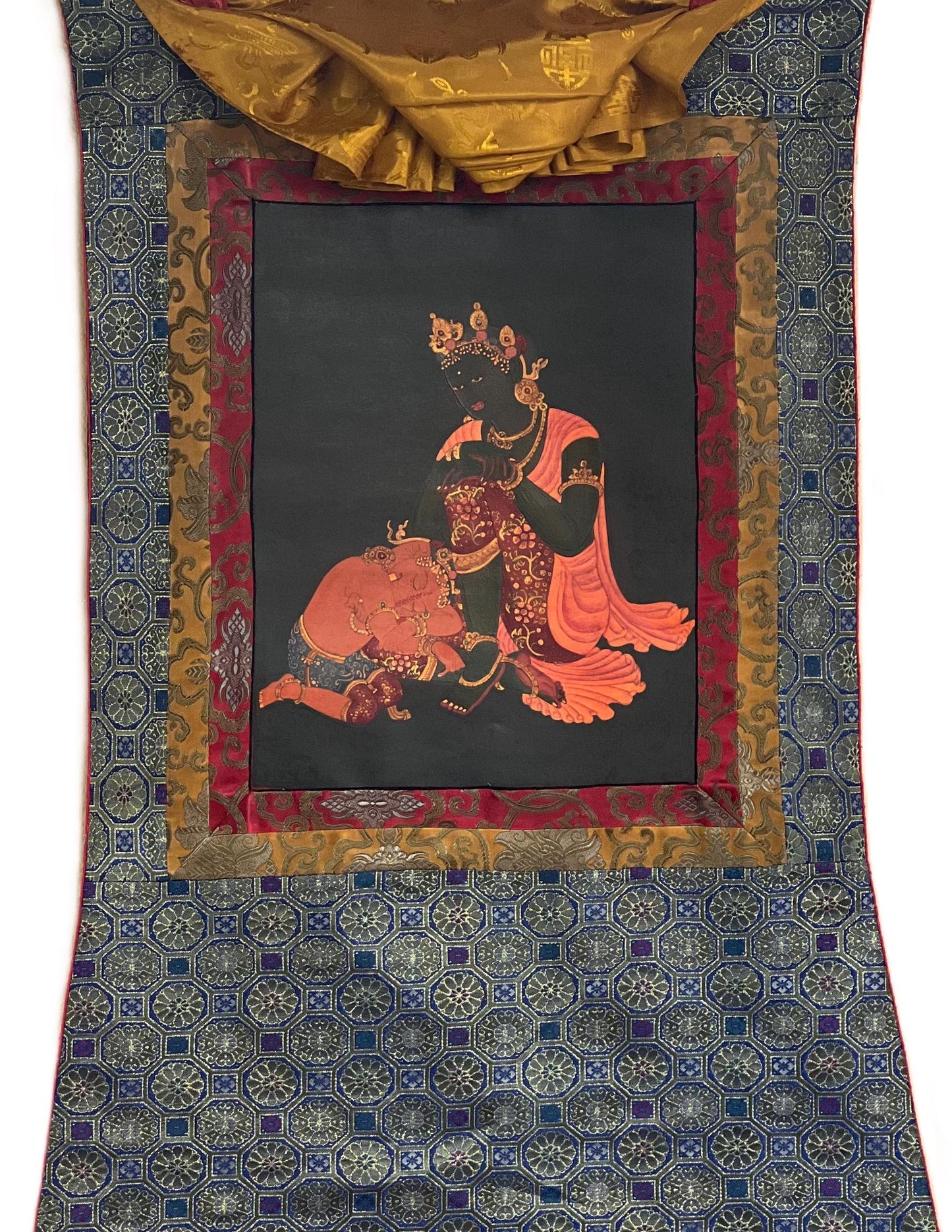 Mother Parvati with Ganesha Original Masterpiece Old Oil Varnished Newari Paubha/ Thangka Painting Hindu Buddhist Art with Silk Brocade