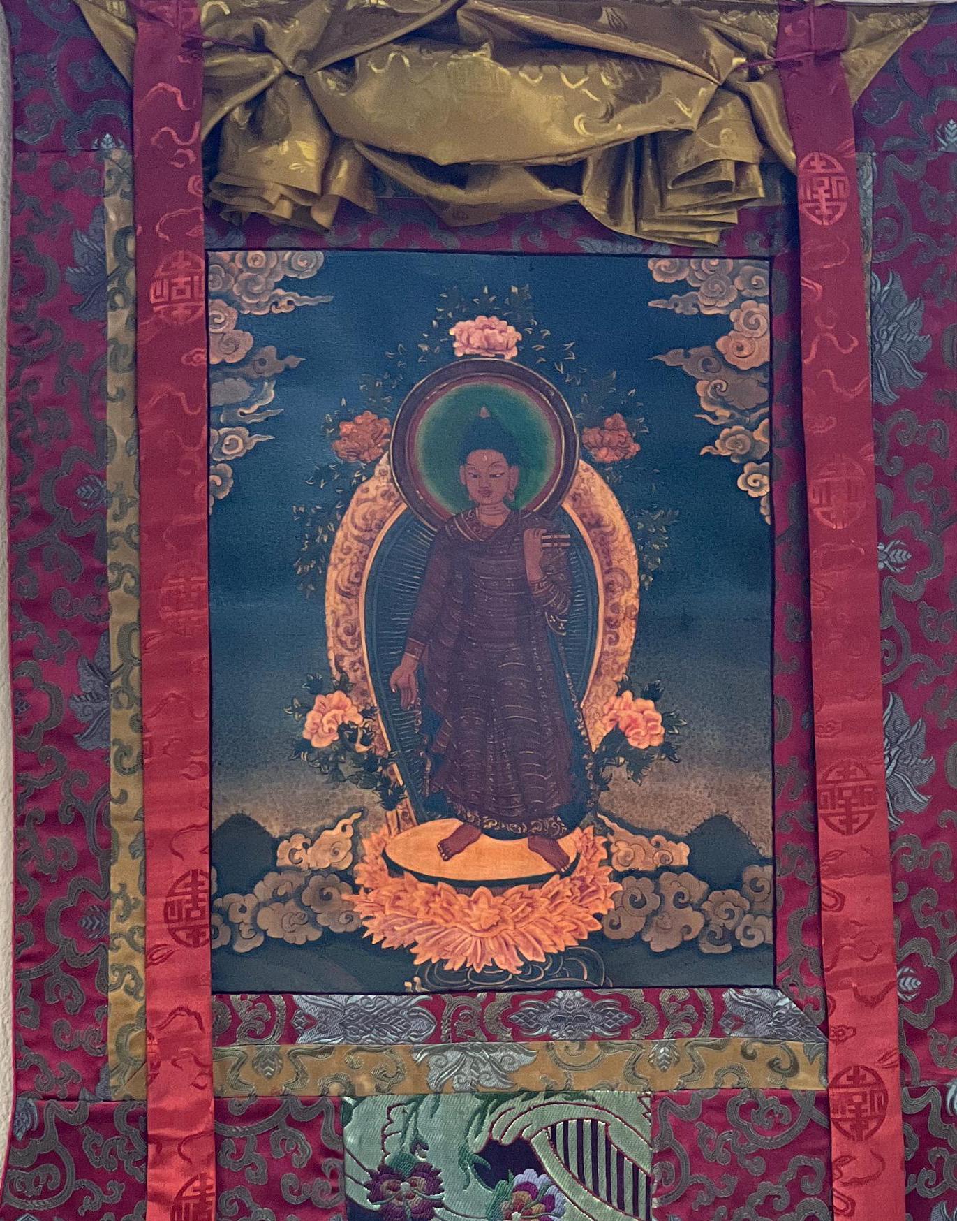 Original Hand Painted Adi Buddha Dipankar/ Dipankara  Old Oil Varnished Newari Paubha/ Thangka Painting, Original Art with Silk Brocade