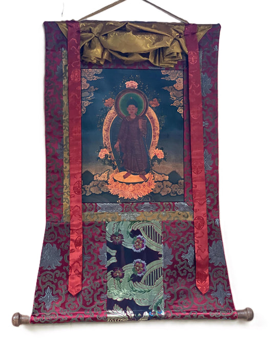 Original Hand Painted Adi Buddha Dipankar/ Dipankara  Old Oil Varnished Newari Paubha/ Thangka Painting, Original Art with Silk Brocade