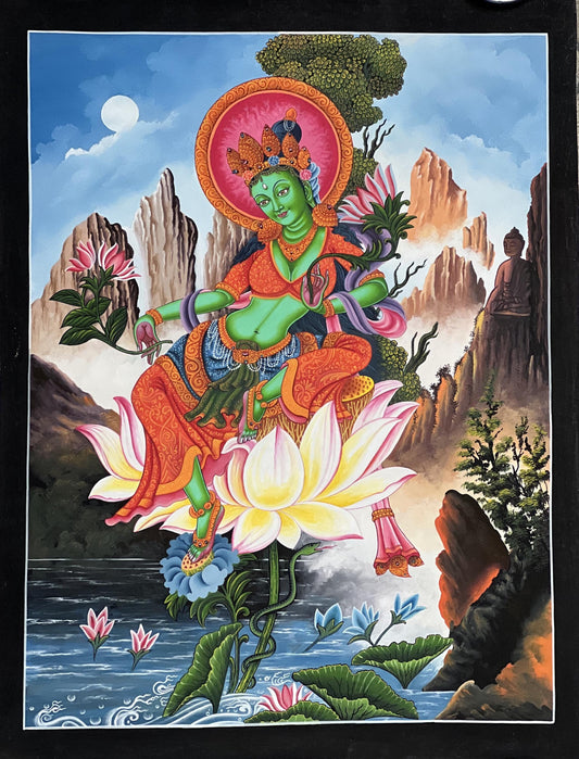 Green Tara/ Divine Mother /Shyamatara Masterpiece Newari Paubha/Pauva Thangka Painting Original Hand-Painting Newari Art from Kathmandu