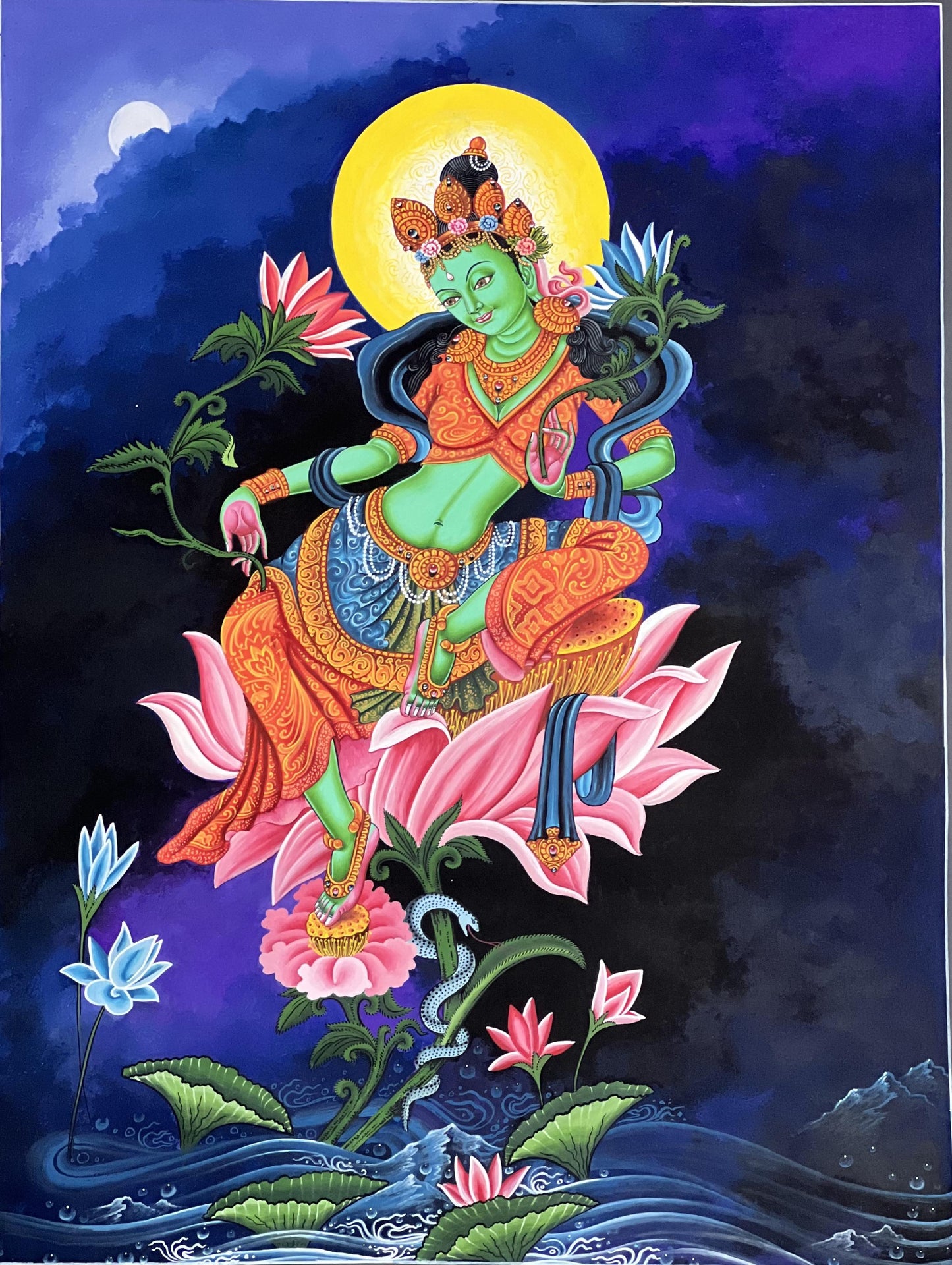 Green Tara/ Divine Mother /Shyamatara Masterpiece Newari Paubha/Pauva Thangka Painting Original Hand-Painted Newari Art from Nepal