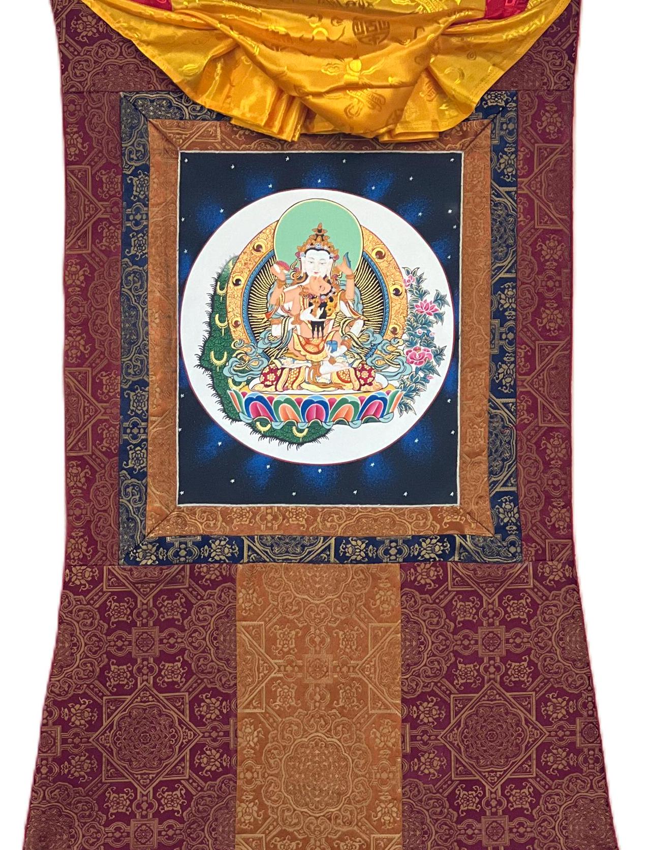 Vajrasattva Shakti in YabYum position Tibetan Thangka Painting Compassion Meditation Art with High-Quality Silk Brocade