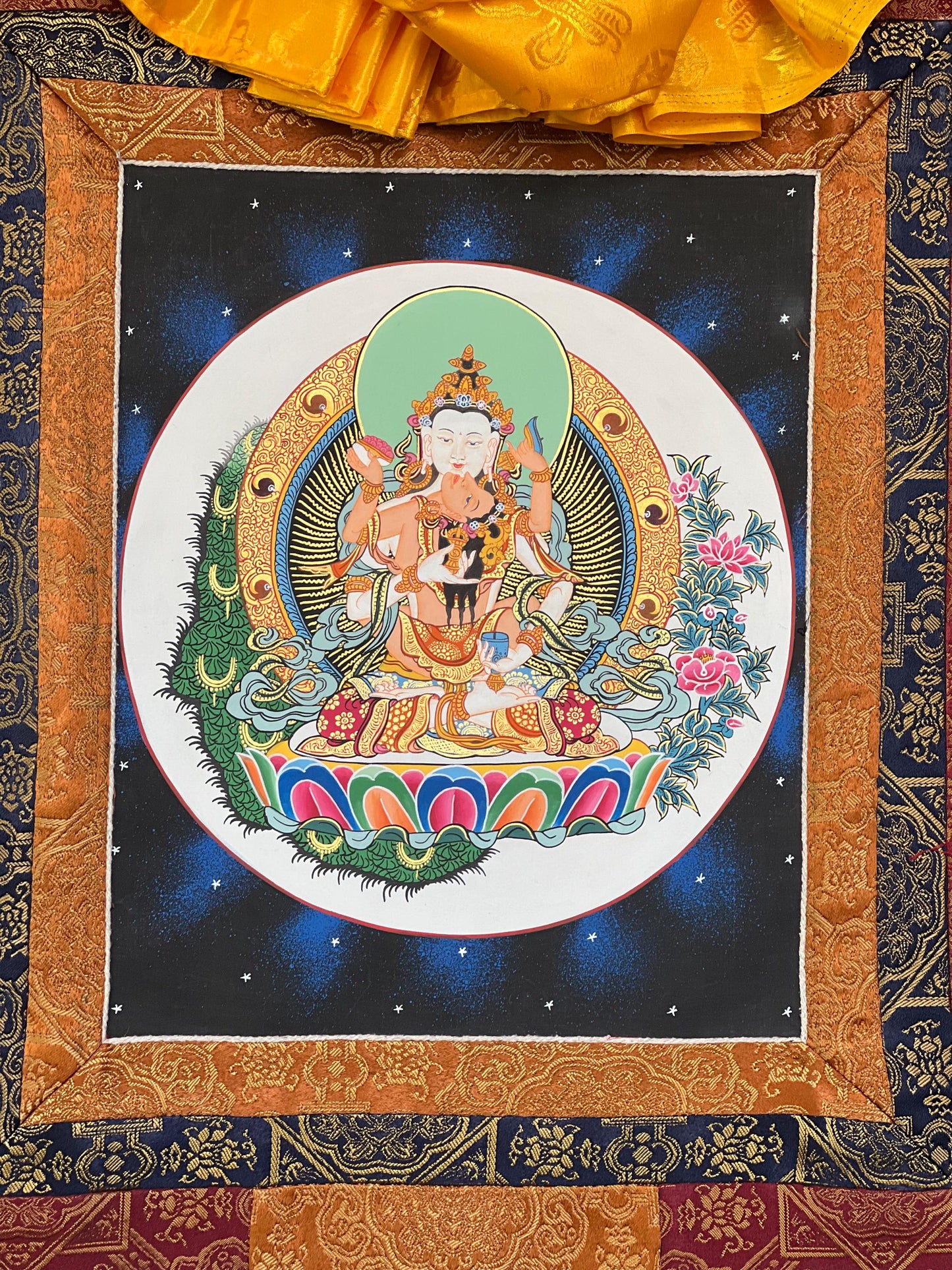 Vajrasattva Shakti in YabYum position Tibetan Thangka Painting Compassion Meditation Art with High-Quality Silk Brocade