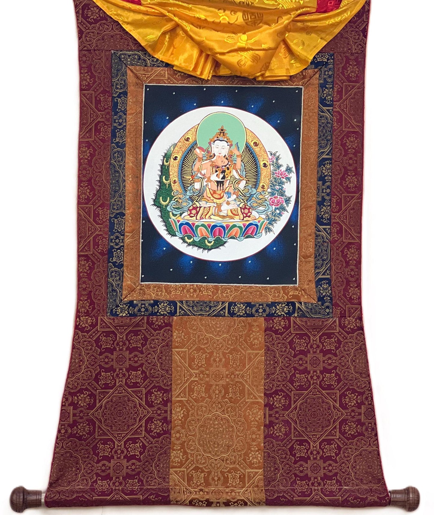 Vajrasattva Shakti in YabYum position Tibetan Thangka Painting Compassion Meditation Art with High-Quality Silk Brocade