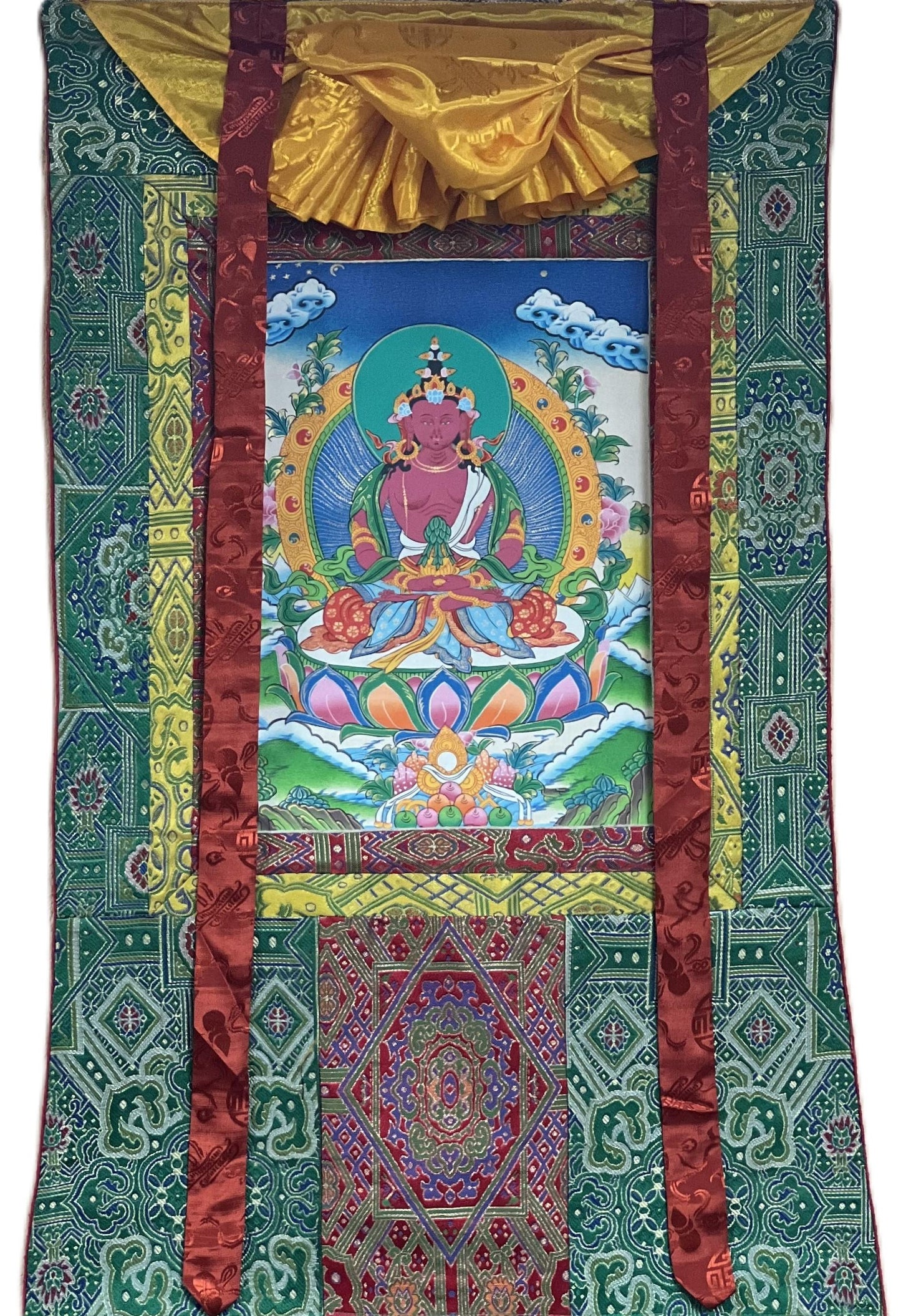 Original Hand Painted Amitayus/Amitabha Buddha/  Pure Land (Sukhavati) Tibetan Thangka Painting/ Art with High Quality Silk Brocade