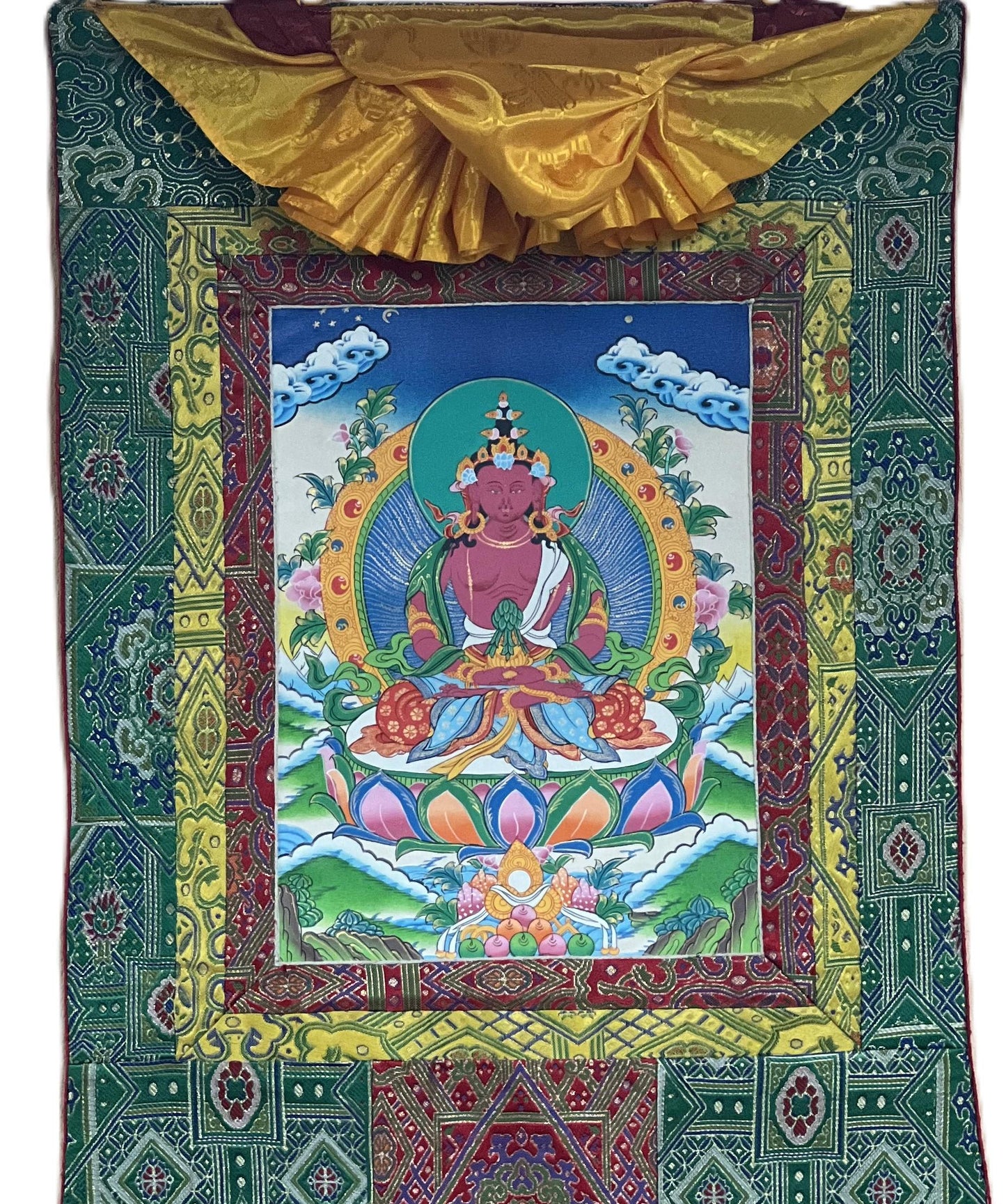 Original Hand Painted Amitayus/Amitabha Buddha/  Pure Land (Sukhavati) Tibetan Thangka Painting/ Art with High Quality Silk Brocade