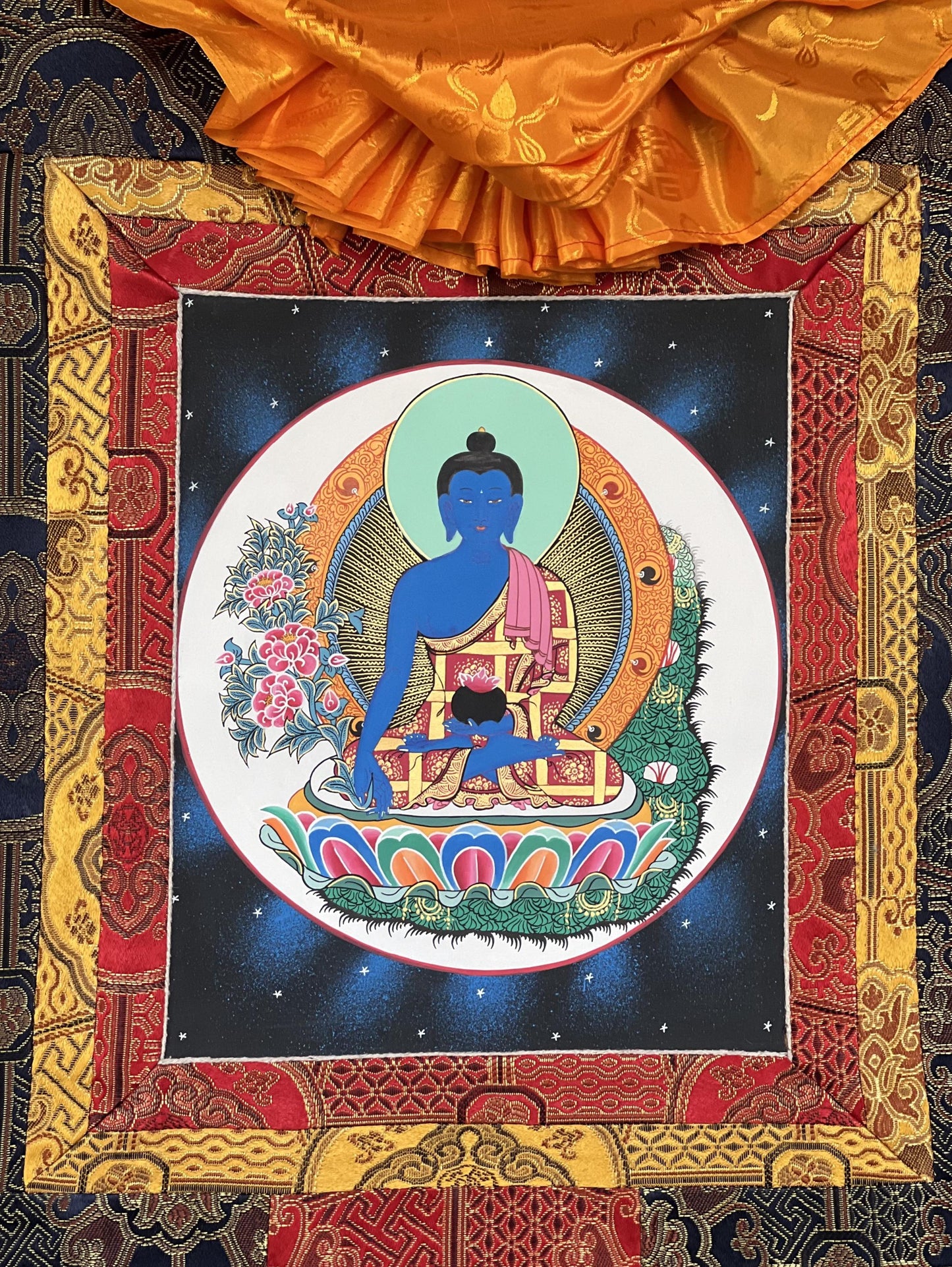 Bhaisajyaguru Medicine Buddha Master Heraler  High-Quality Masterpiece Tibetan Thangka Painting Original Art  with Premium Silk Frame