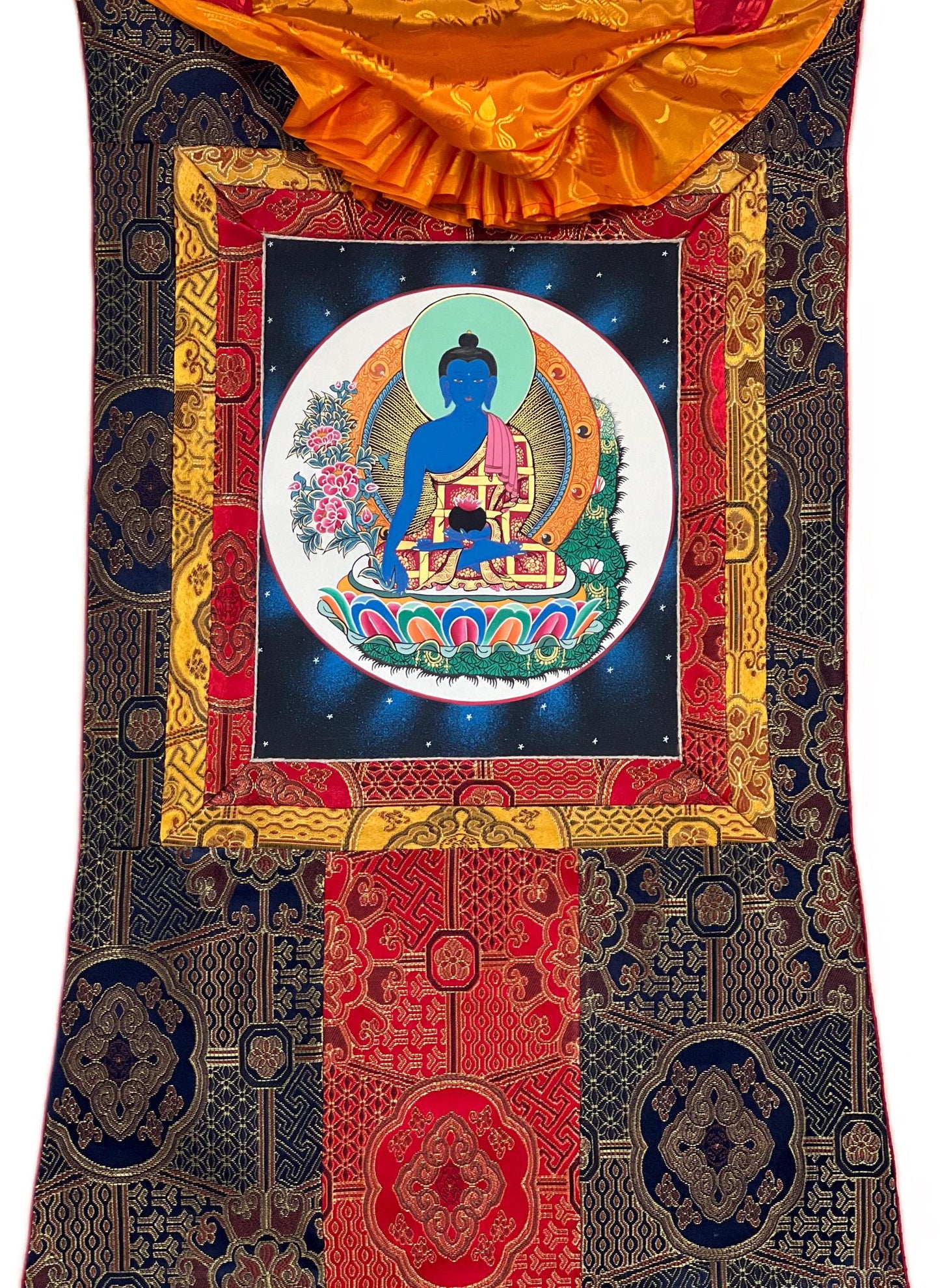 Bhaisajyaguru Medicine Buddha Master Heraler  High-Quality Masterpiece Tibetan Thangka Painting Original Art  with Premium Silk Frame