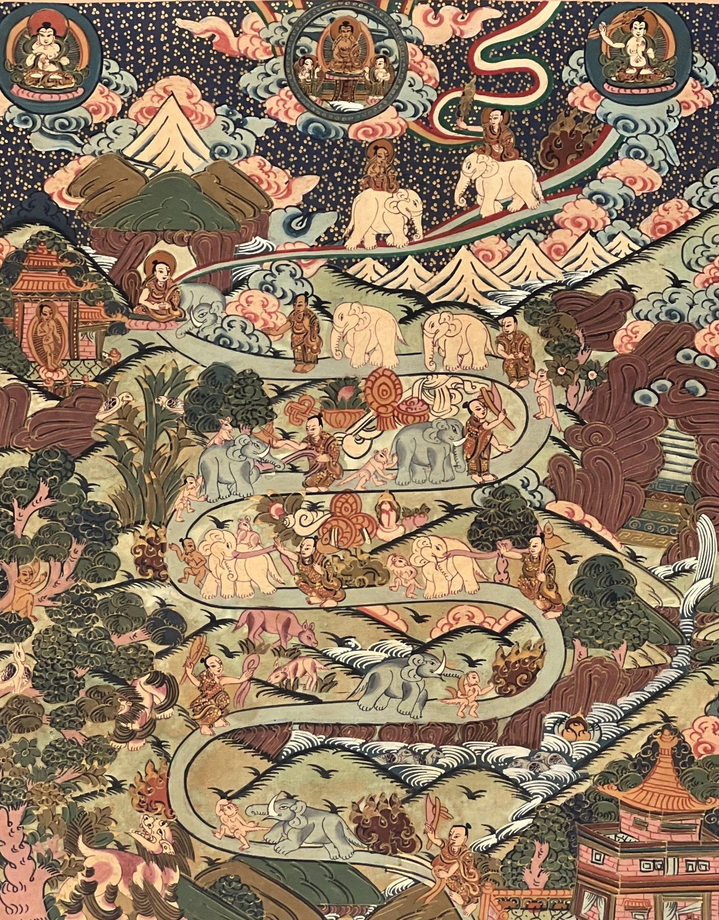 Nine Stage Samatha Meditation/ Elephant Path /Way to Heaven Masterpiece Tibetan Thangka Painting Original Buddhist Meditation Art