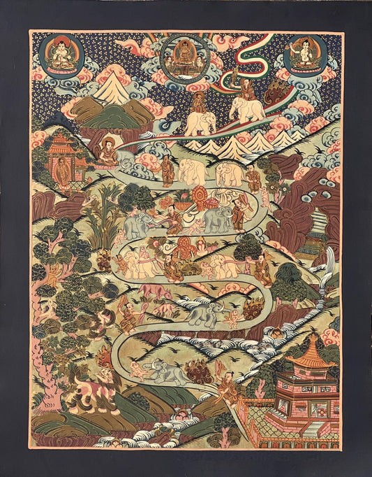 Nine Stage Samatha Meditation/ Elephant Path /Way to Heaven Masterpiece Tibetan Thangka Painting Original Buddhist Meditation Art