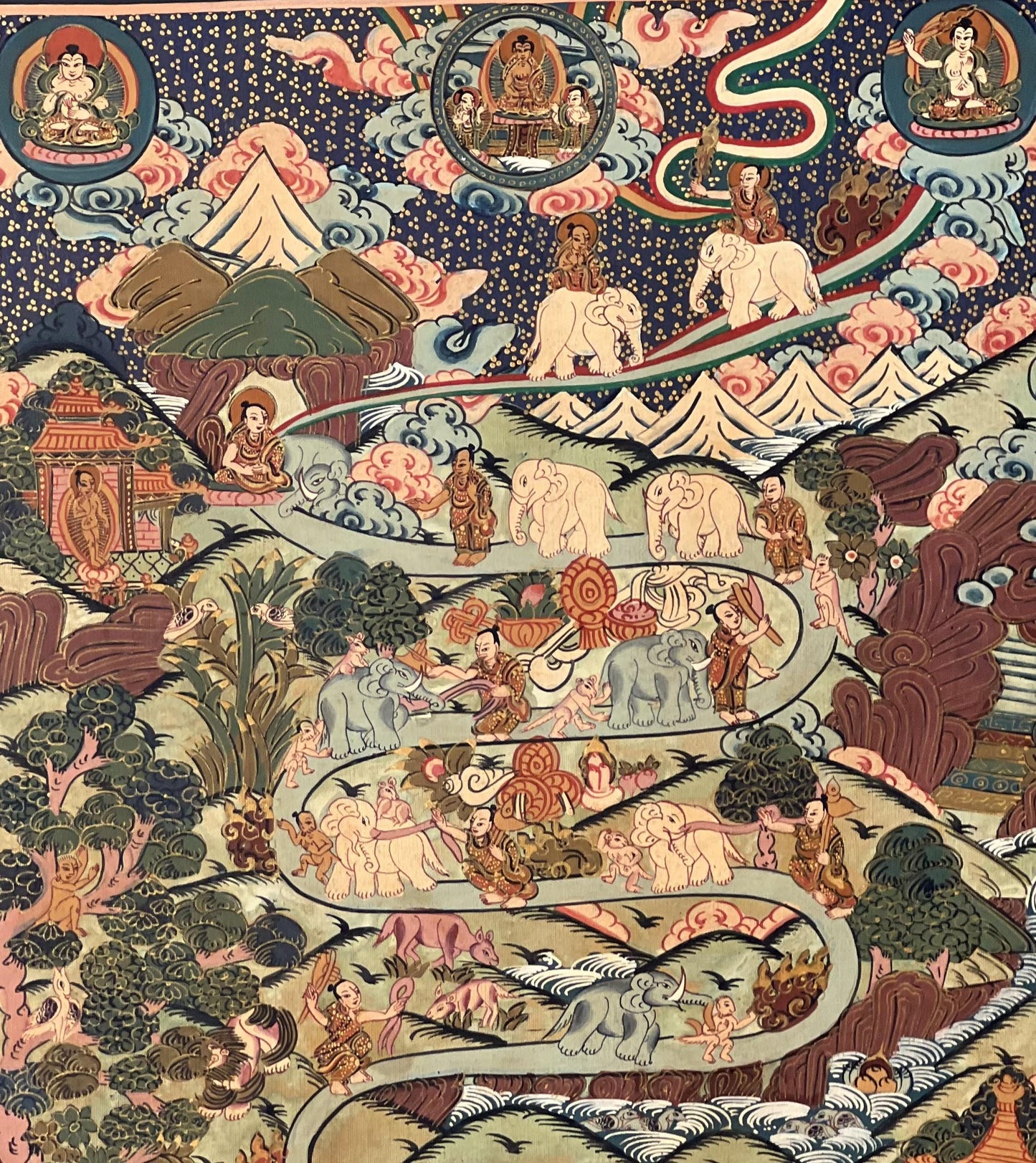 Nine Stage Samatha Meditation/ Way to Heaven/ Nirvana/ Original Tibetan Thangka Painting, Meditation Art  with High-Quality Silk Brocade