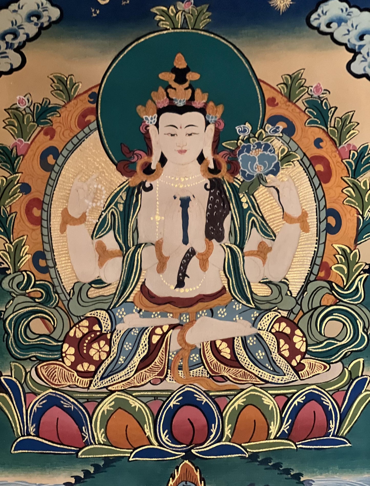 Four Armed Avalokiteshvara/ Lokeswor/ Chyangresi/ Chenrezig Original Tibetan Thangka Painting with Silk Brocade