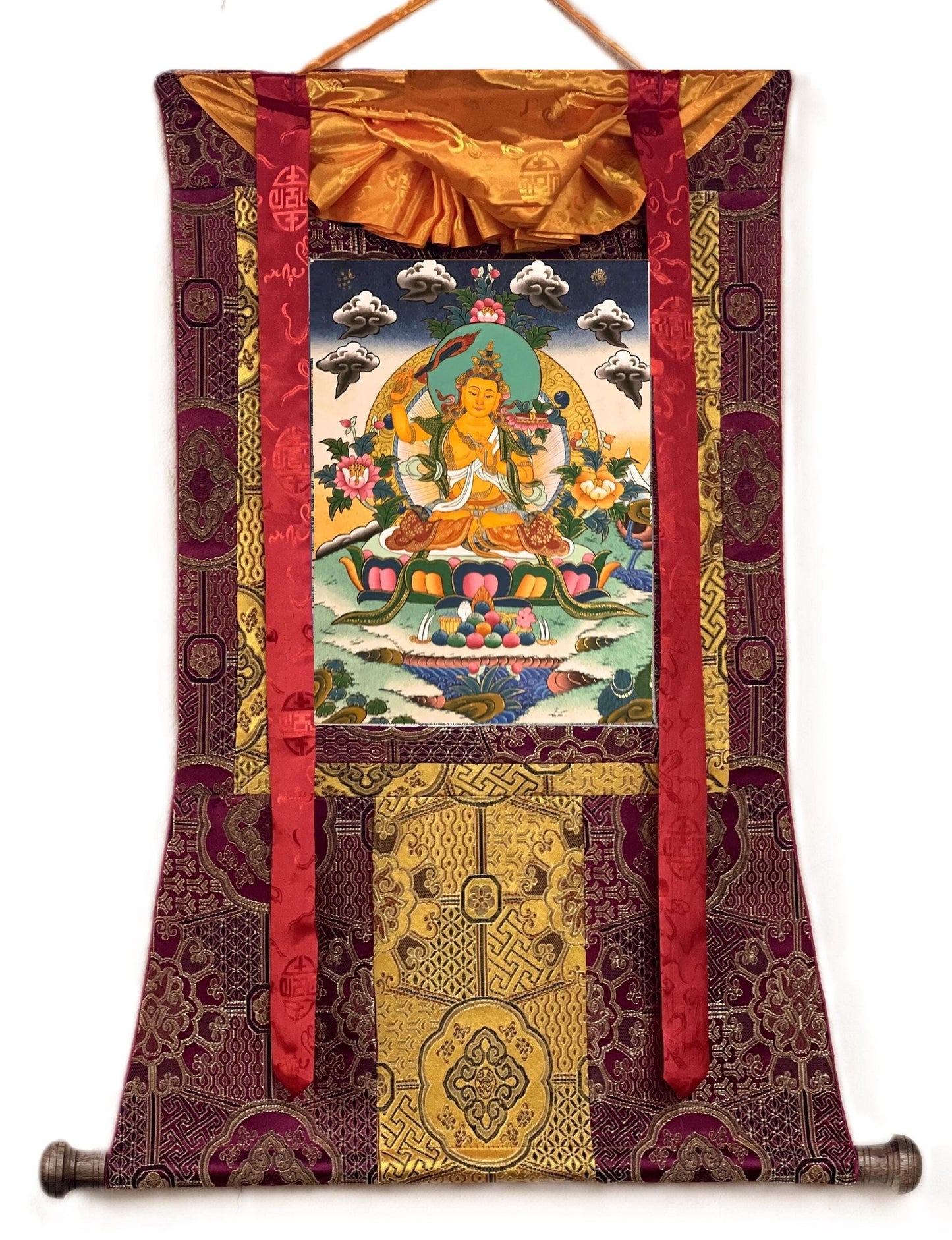 Manjushri/Manjusri/ Manjushree Bodhisattva Tibetan Thangka Painting, Original Hand-painted  Art with High-Quality Silk Brocade