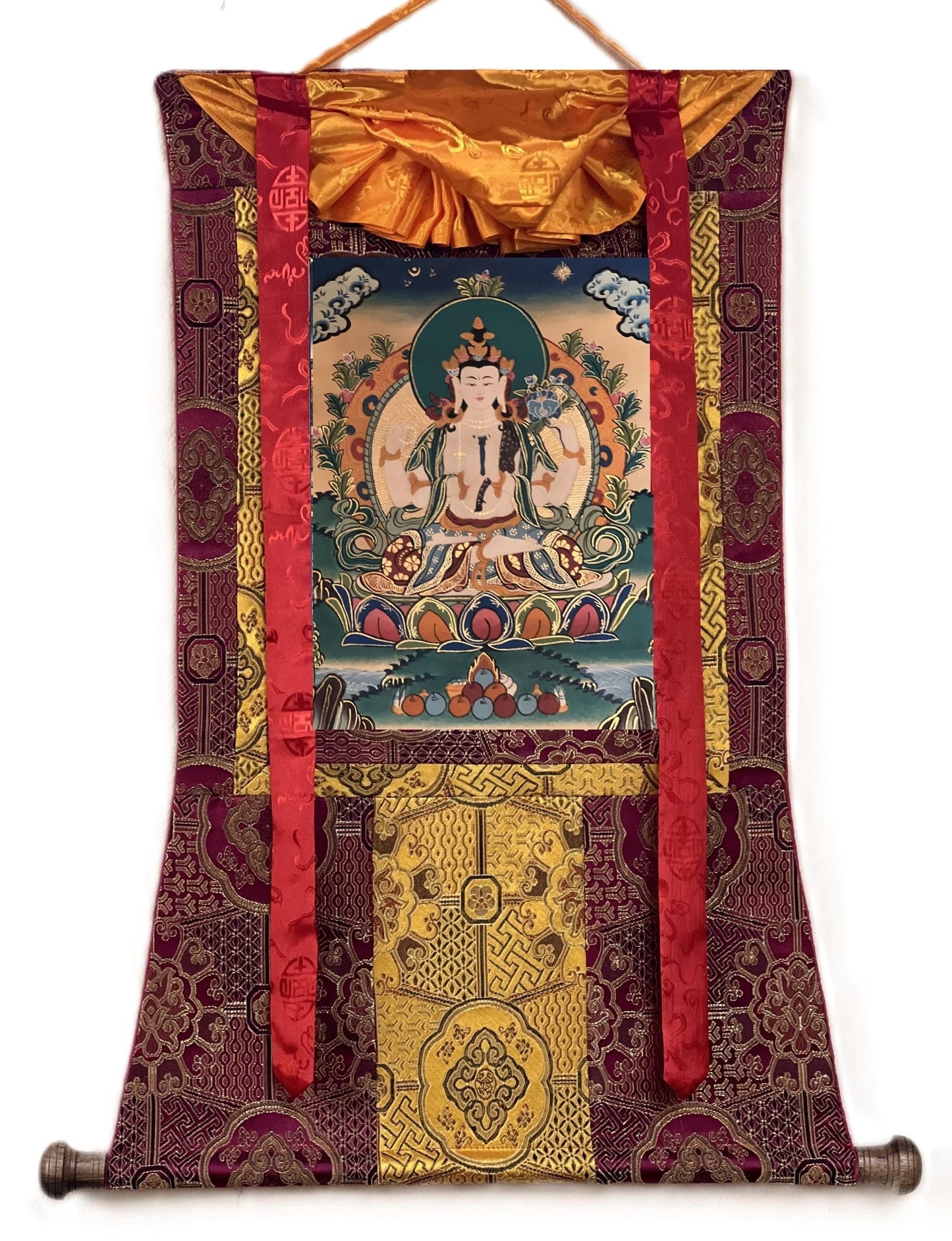 Four Armed Avalokiteshvara/ Lokeswor/ Chyangresi/ Chenrezig Original Tibetan Thangka Painting with Silk Brocade