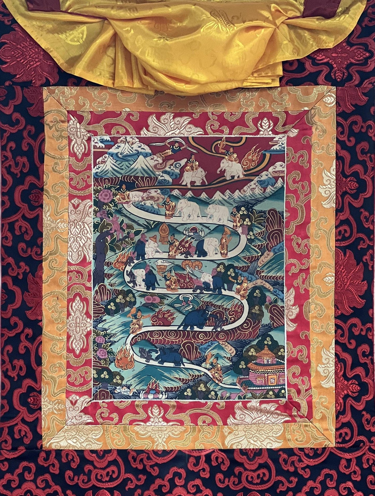 Elephant Path Samatha Meditation Way to Heaven/Nirvana Tibetan Thangka Painting Original Art with Silk Brocade